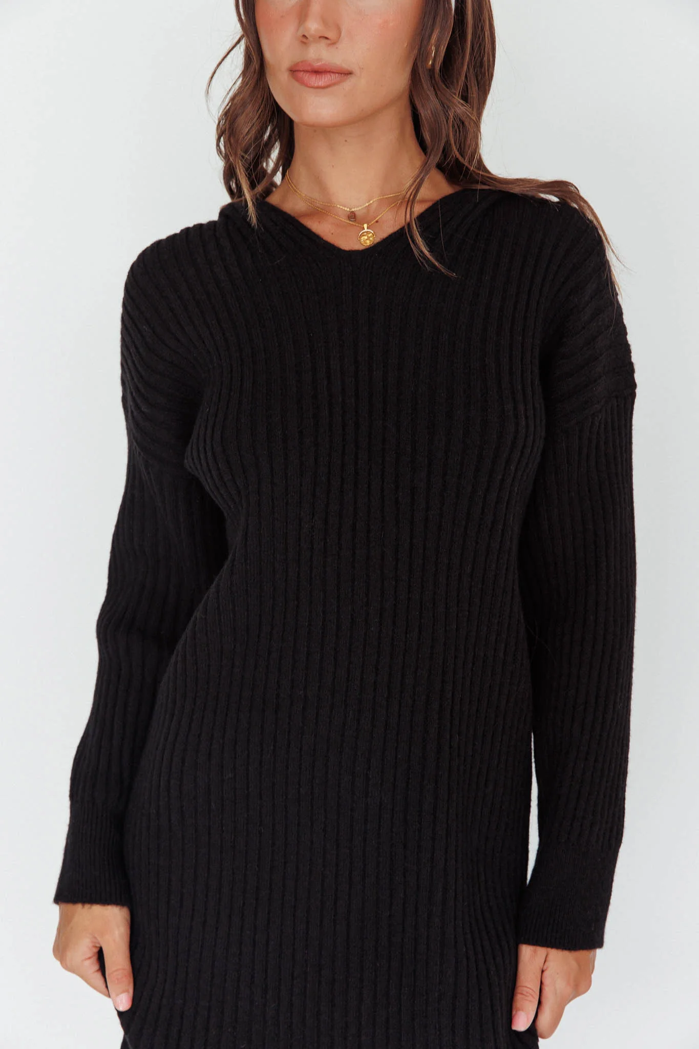 Autumn Hooded Sweater Midi Dress Black