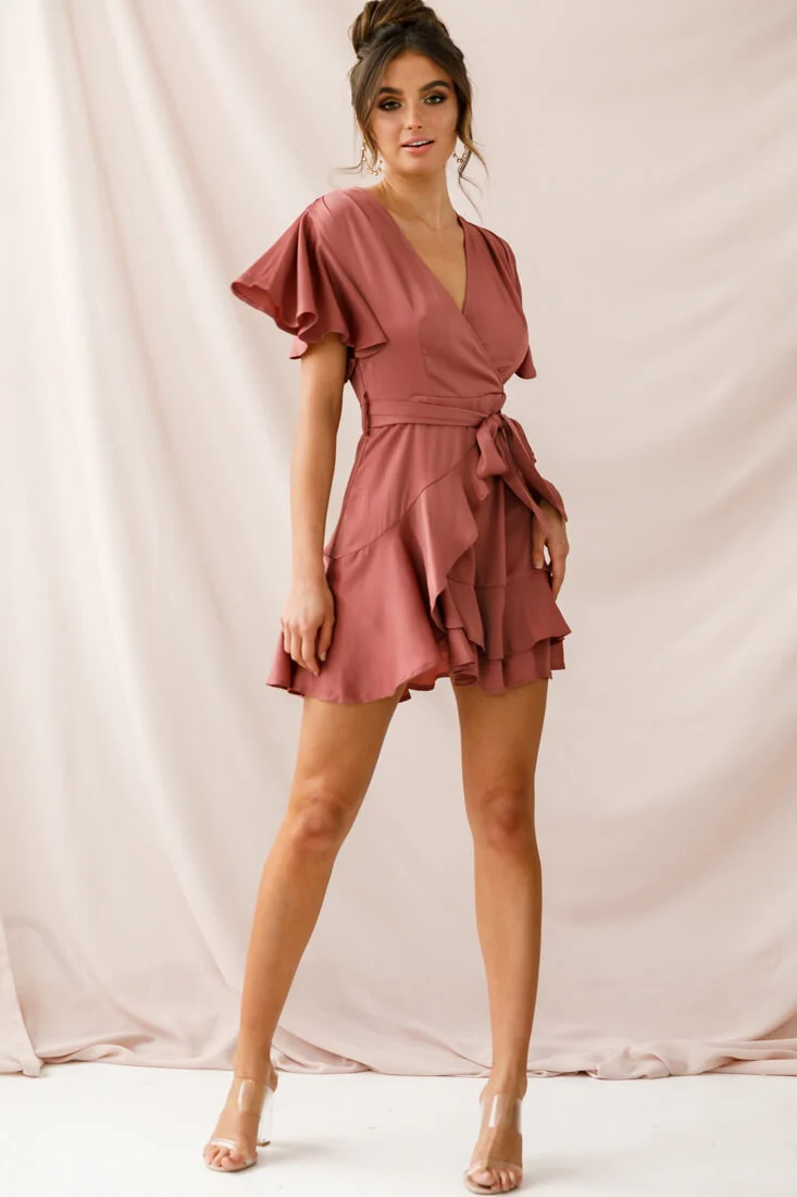 Cami Angel Sleeve Faux Wrap Dress Rose