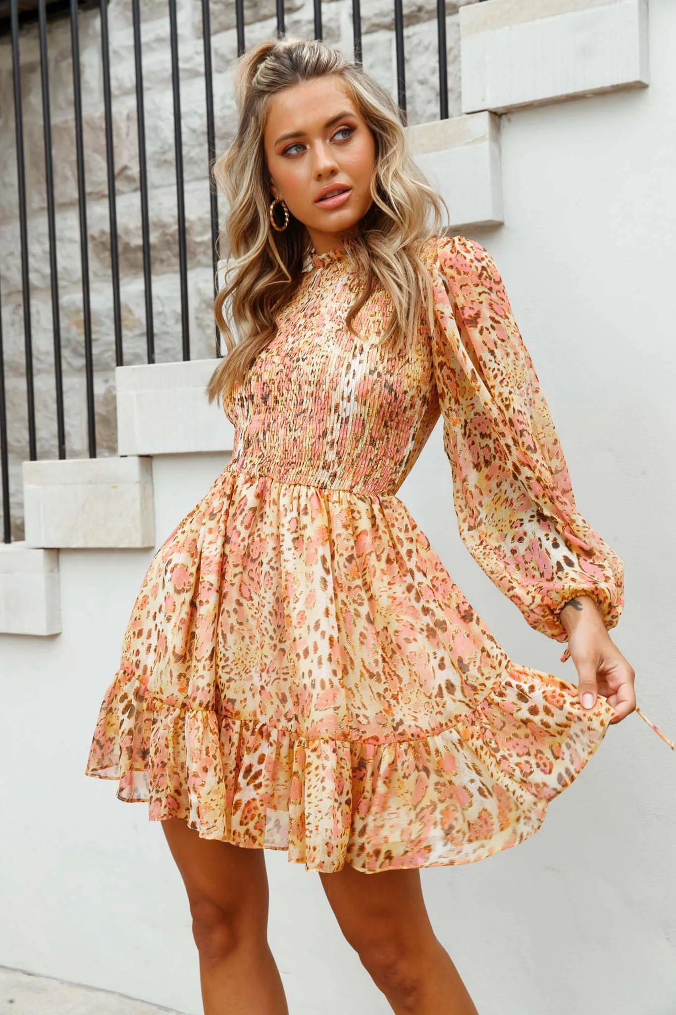 Marja Cami Strap Shirred Baby Doll Dress Leopard Print Pink