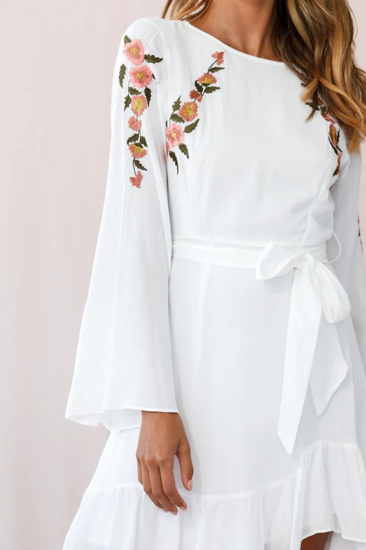 Yara Floral Embellished Fit and Flare Dress White