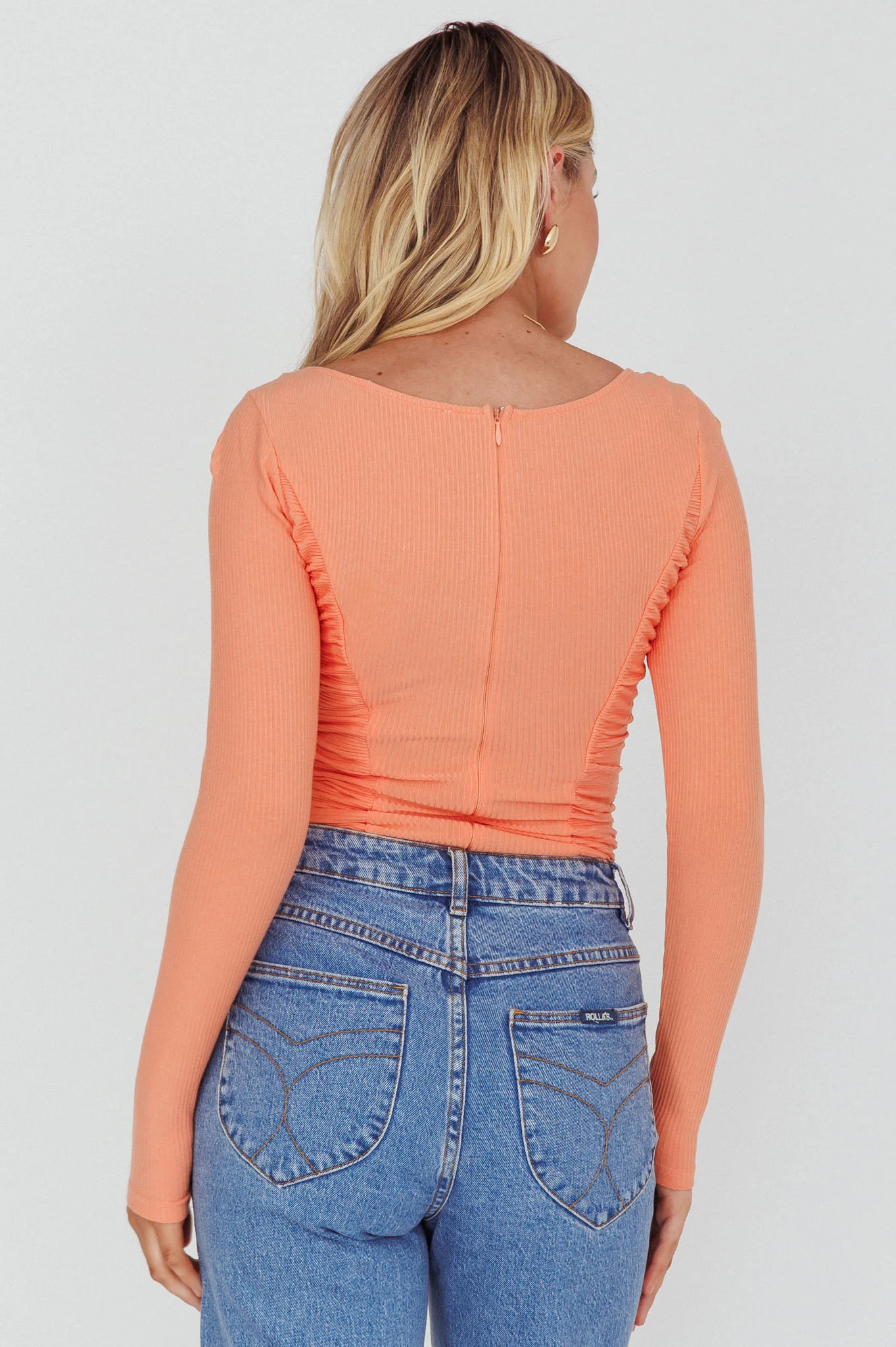 Bobbi Long Sleeve Ruched Side Ribbed Bodysuit Orange