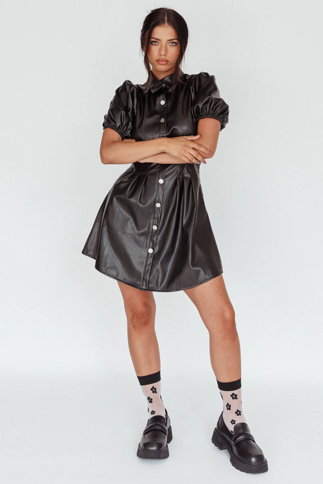 Zurich Pleated Waist Shirt Dress Faux Leather Black