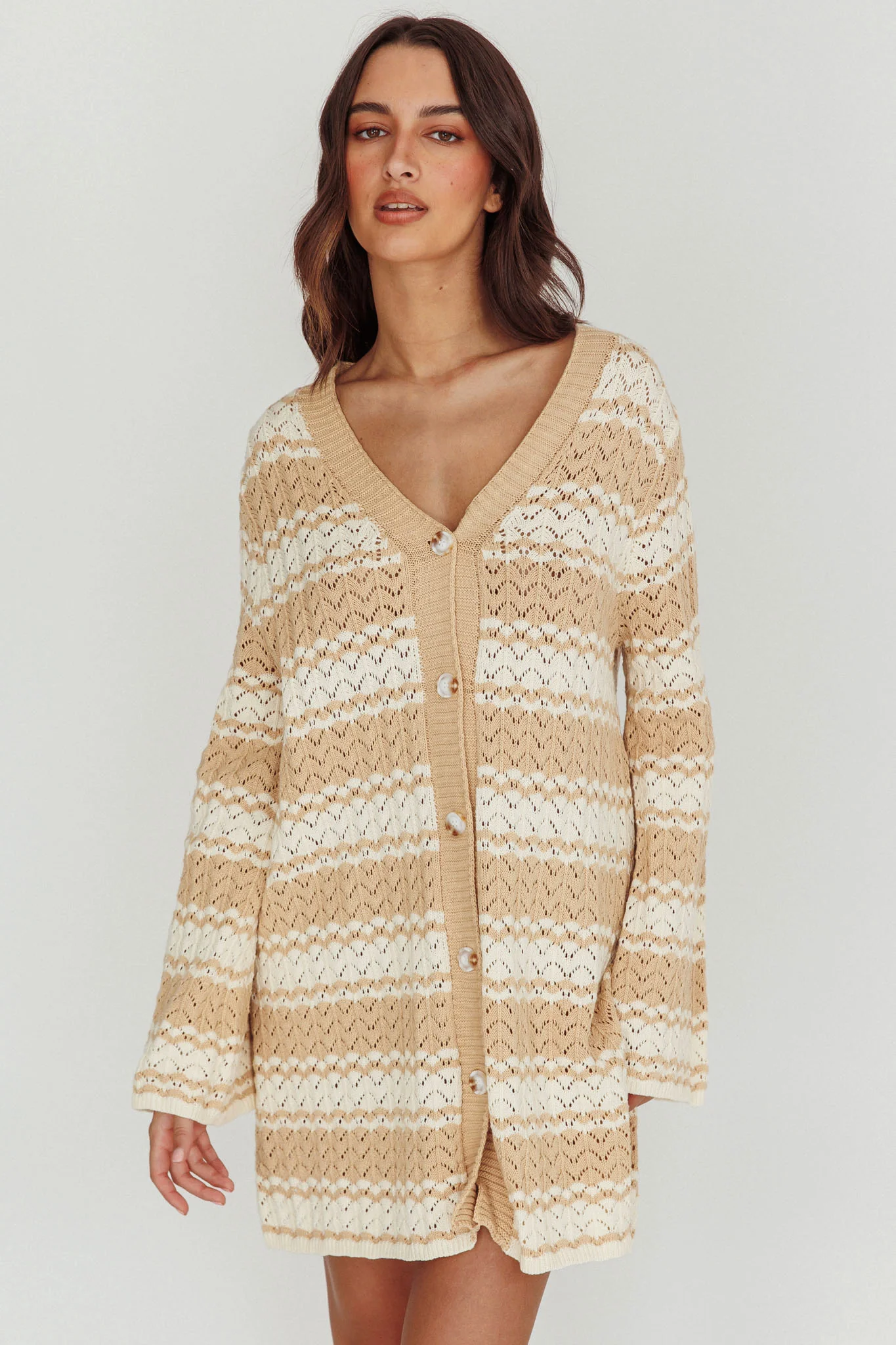 Maysah Button-Up Knit Shirt Dress Nude Ivory
