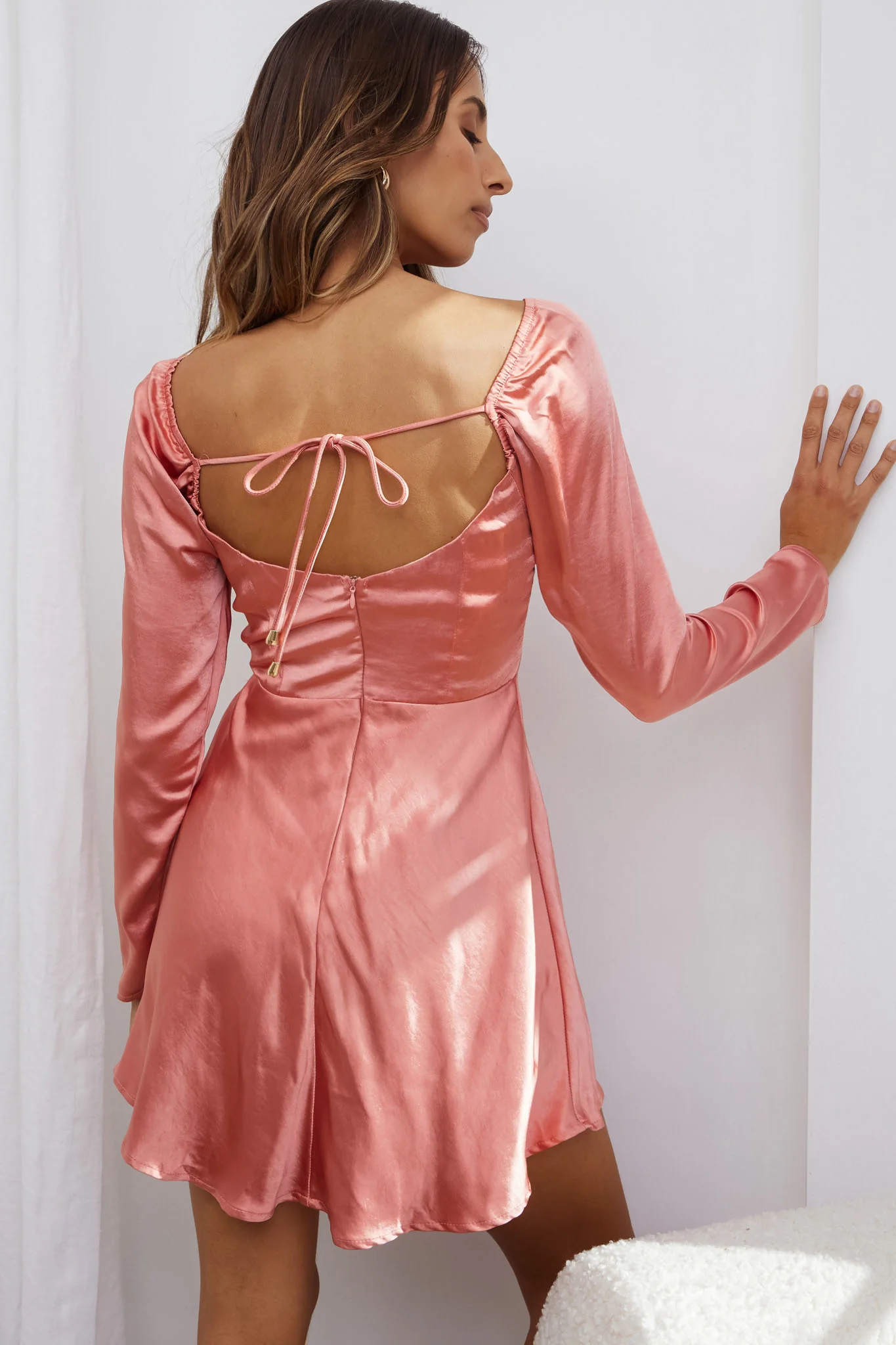 Freja Long Sleeve Cowl Neck Satin Mini Dress Rose