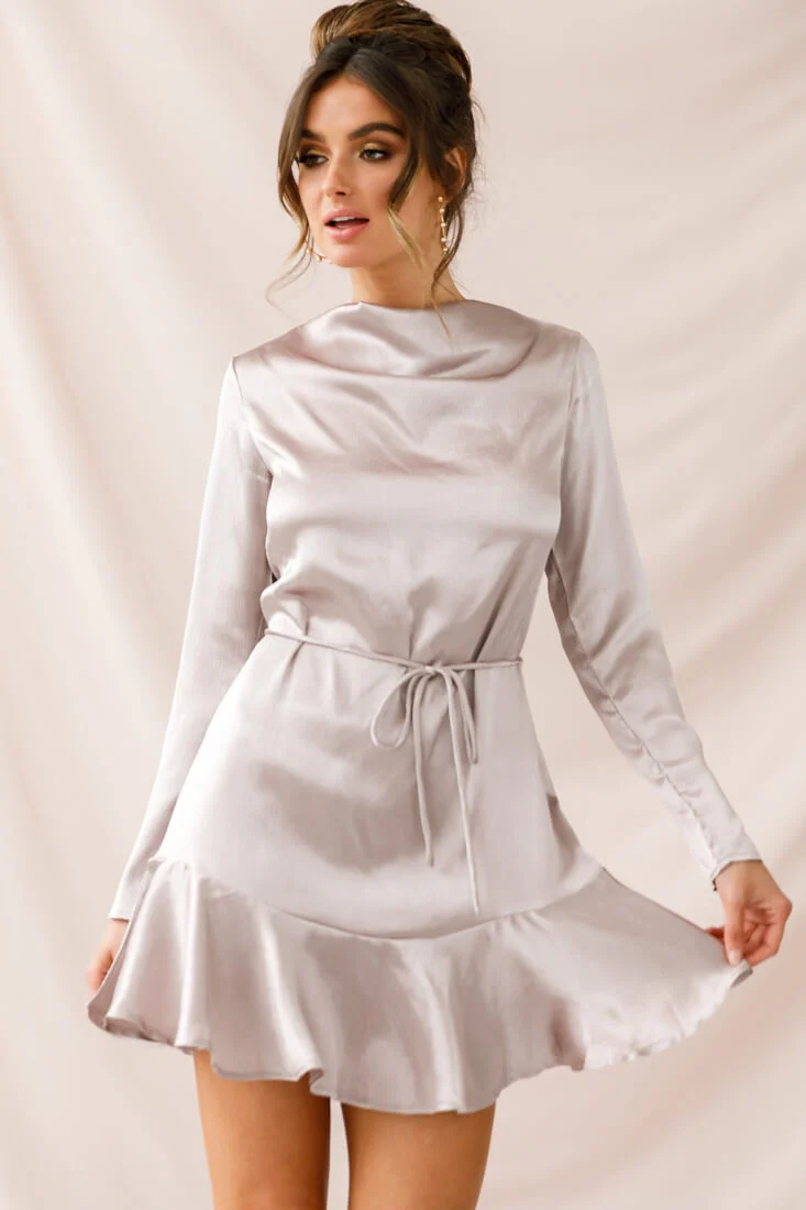 Interstellar Ruffle Hem Long Sleeve Dress Champagne