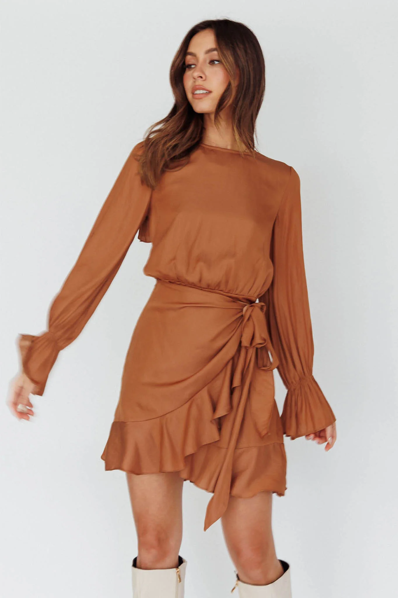 Darla Long Sleeve Satin Dress Tan