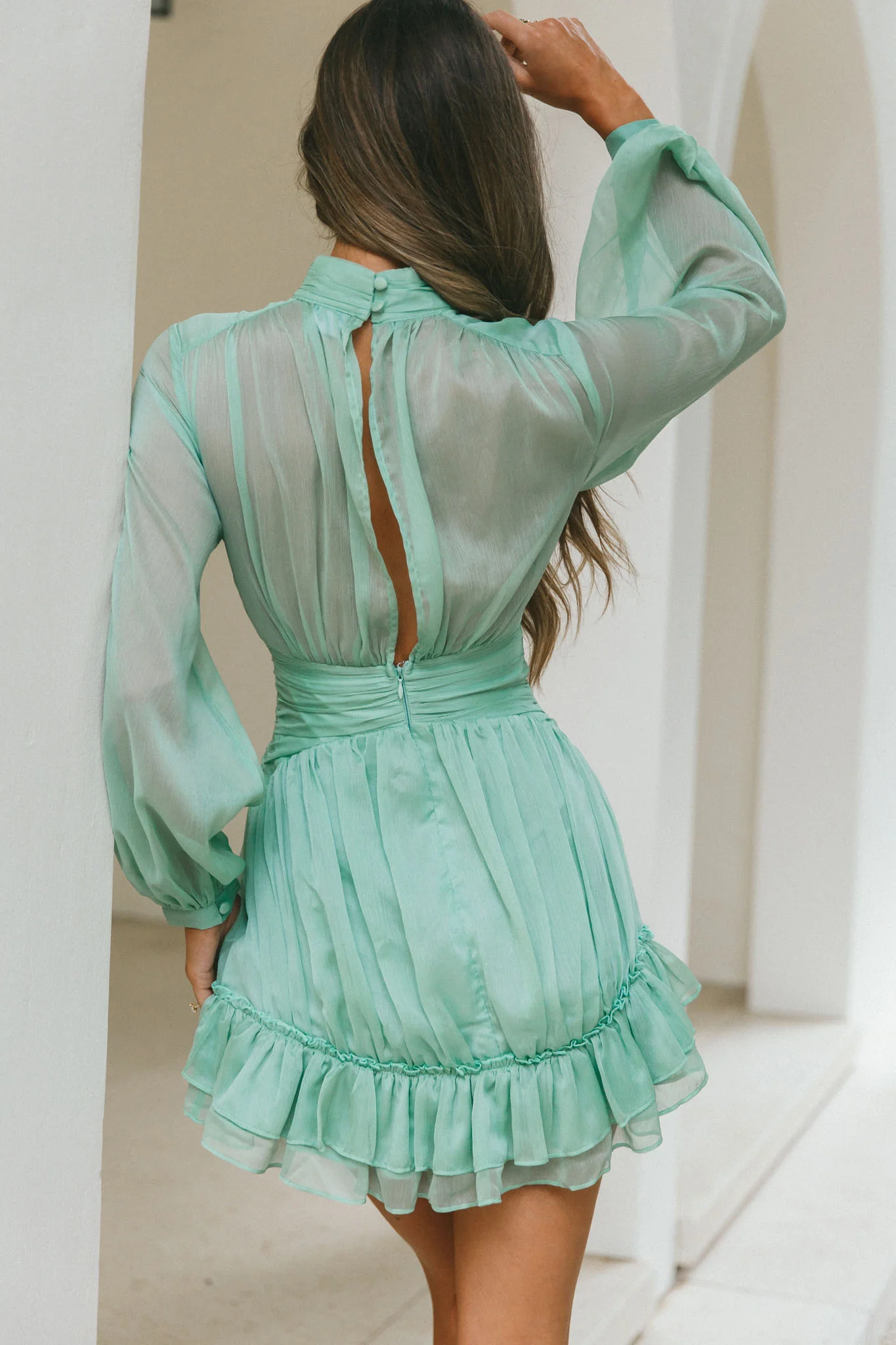 Mandalay High Neck Long Sleeve Waistband Dress Sage