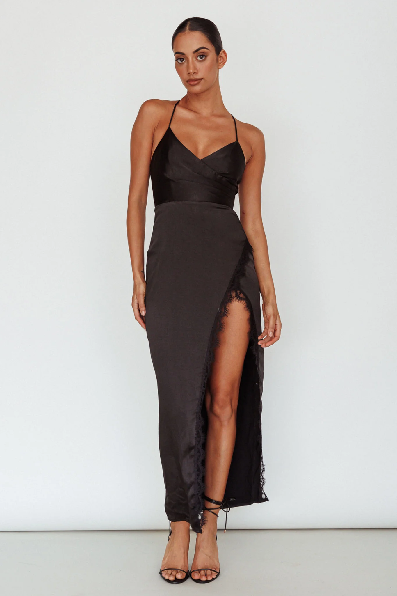 Winter Moon Lace Trim Midi Dress Black