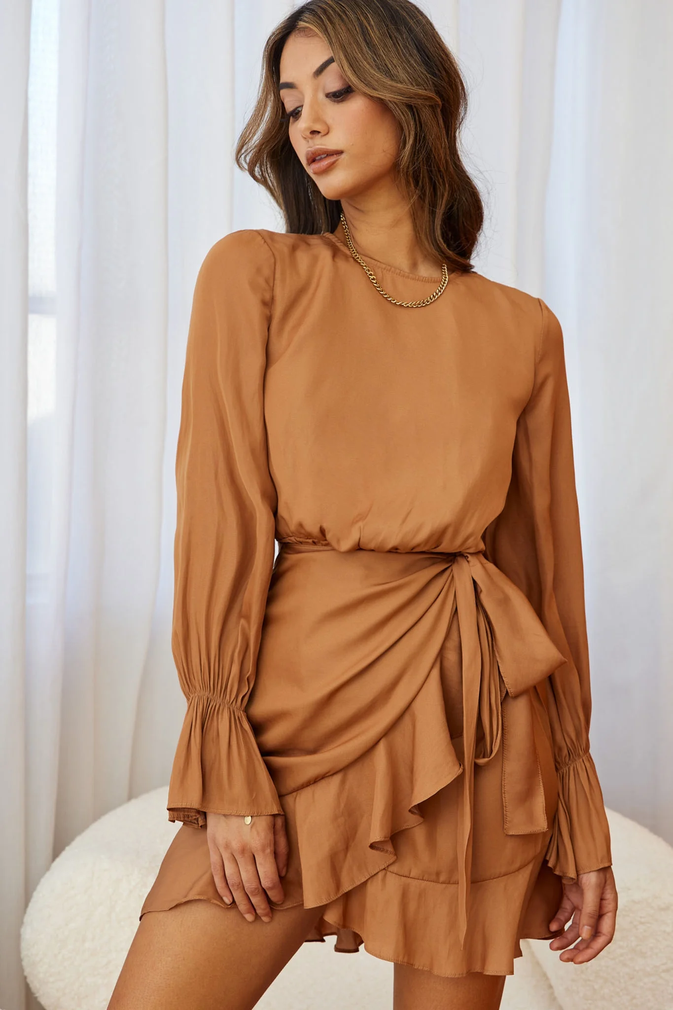 Darla Long Sleeve Satin Dress Tan