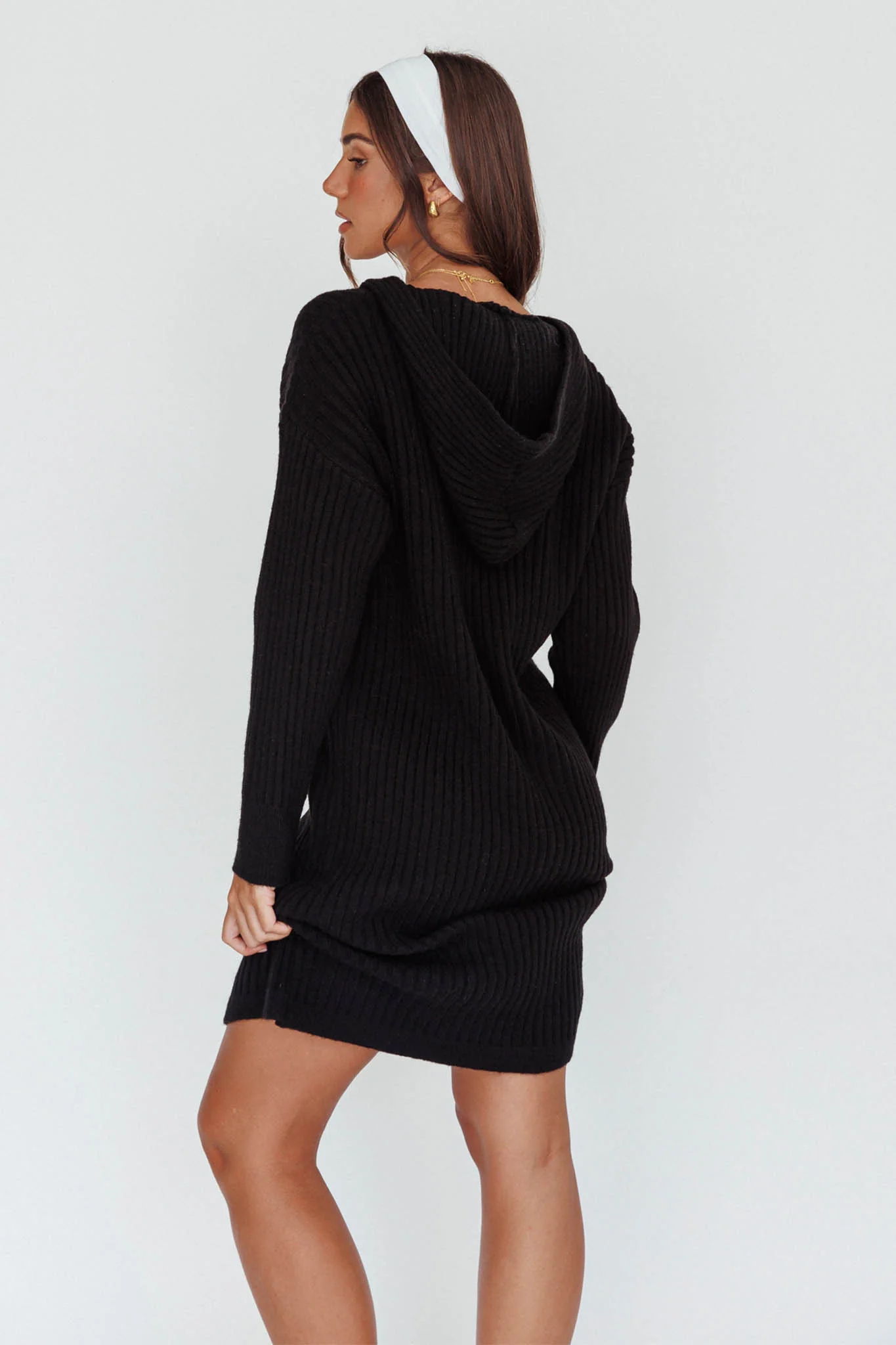 Autumn Hooded Sweater Midi Dress Black