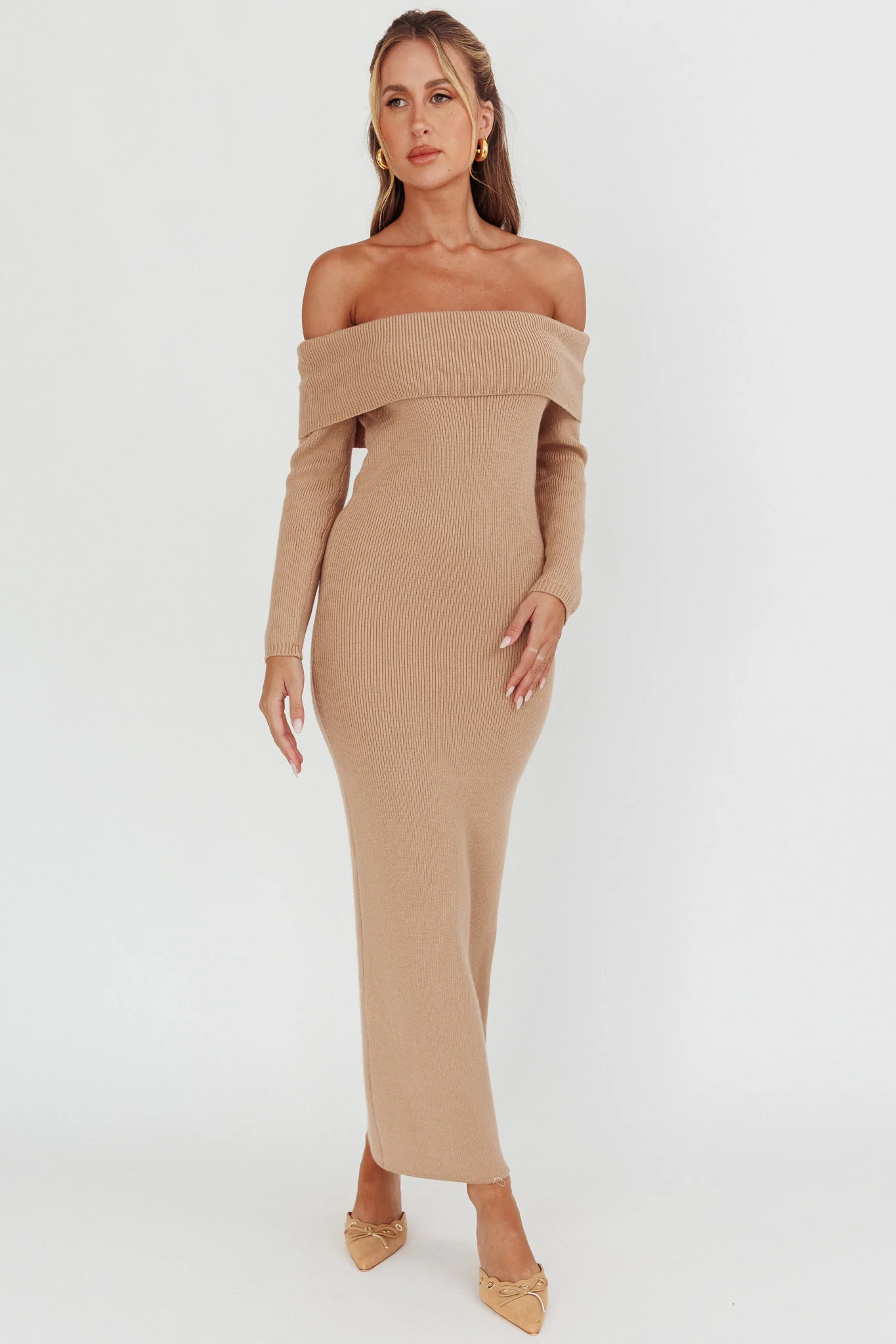 Winter Wonder Off-Shoulder Knit Maxi Dress Mocha