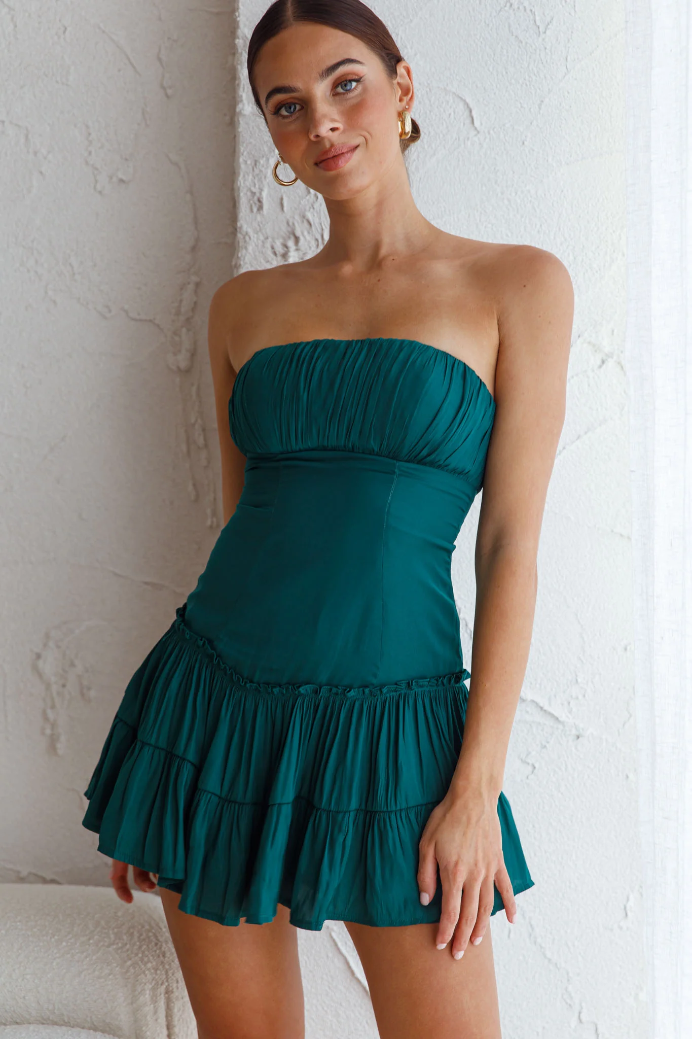 On A Whim Strapless Dropped Waist Dress Forest Green