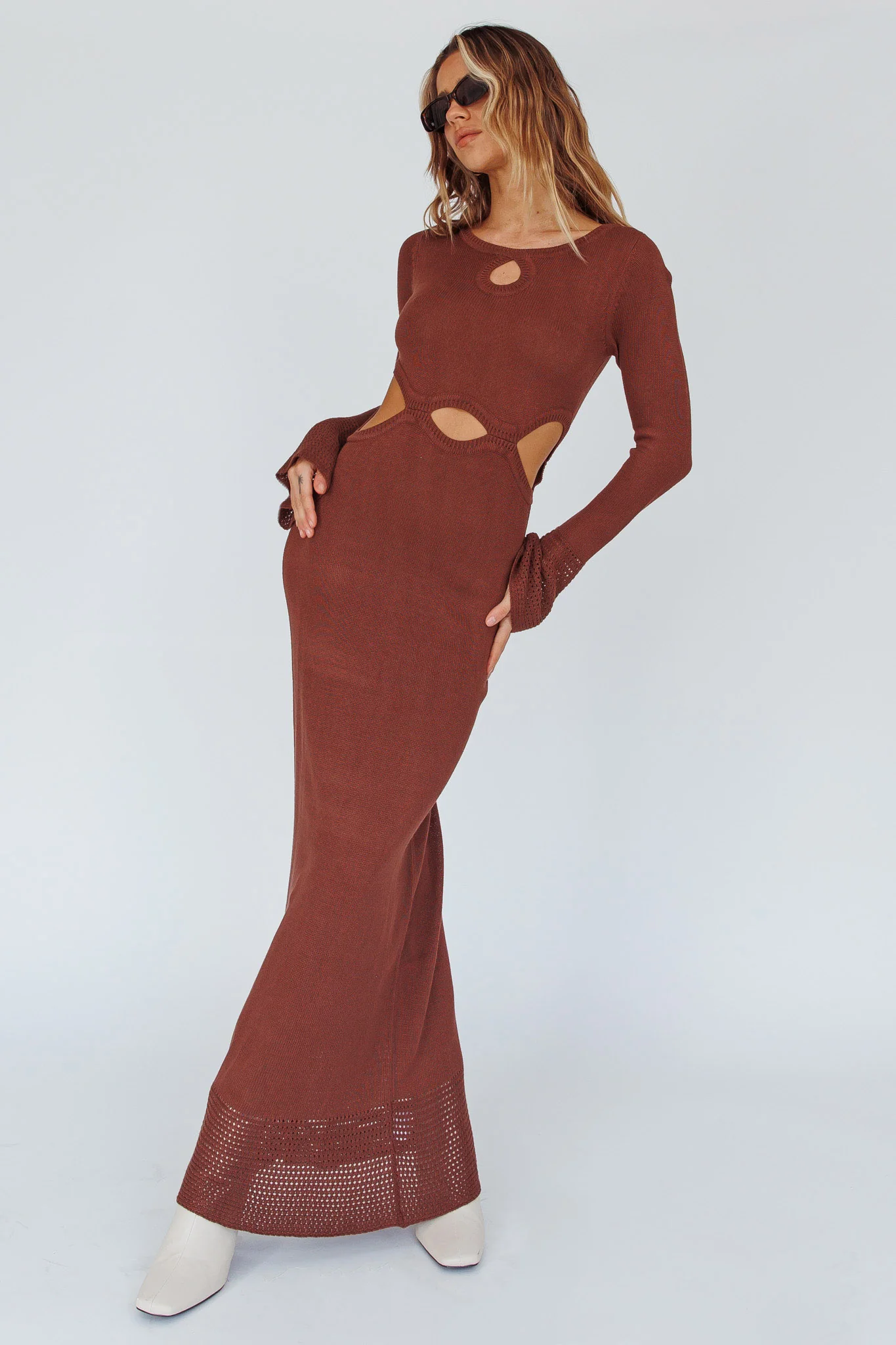 Long Sleeve Cut-Out Knit Maxi Dress Coffee