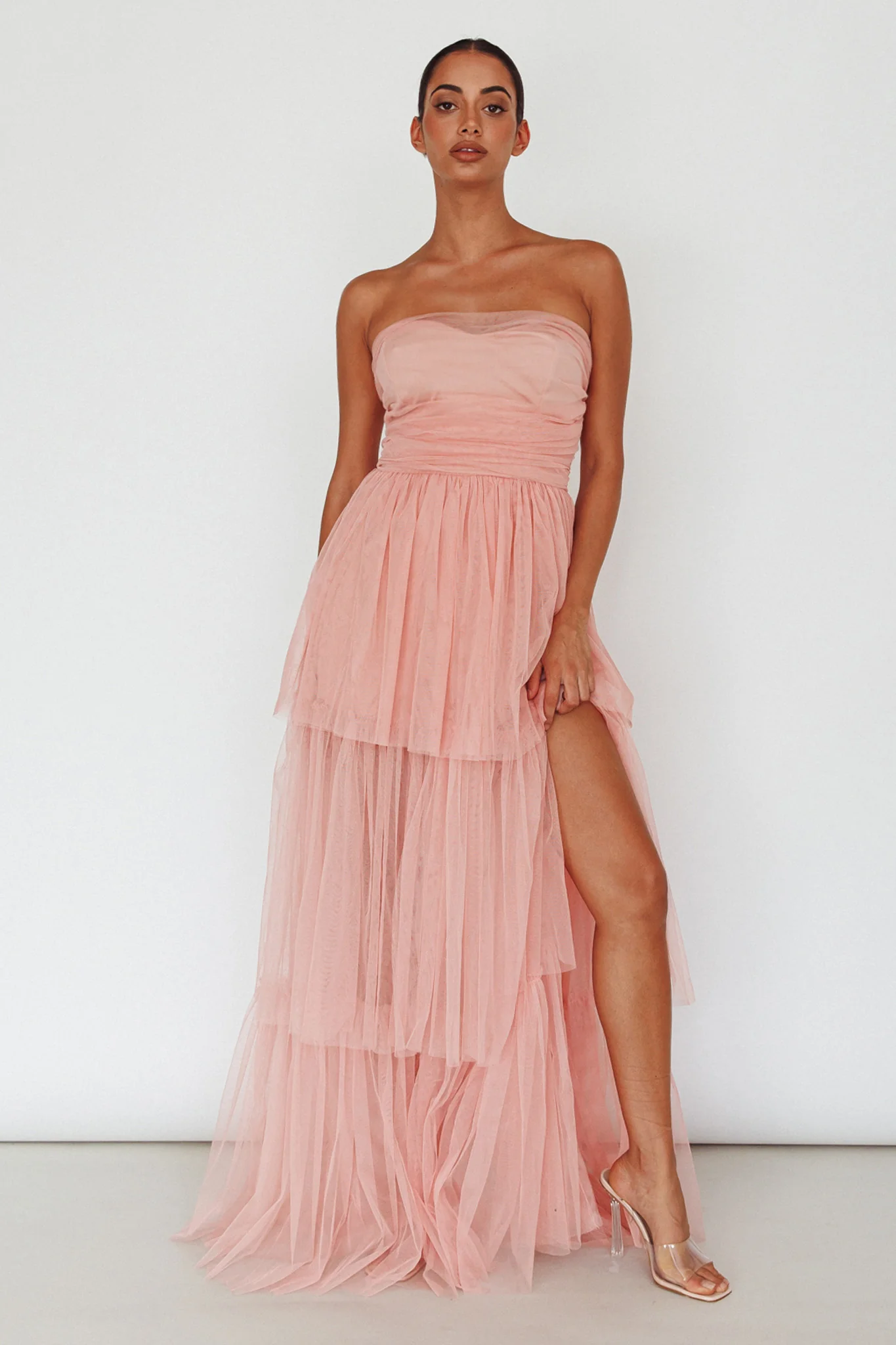 Haeven Tiered Strapless Maxi Dress Blush