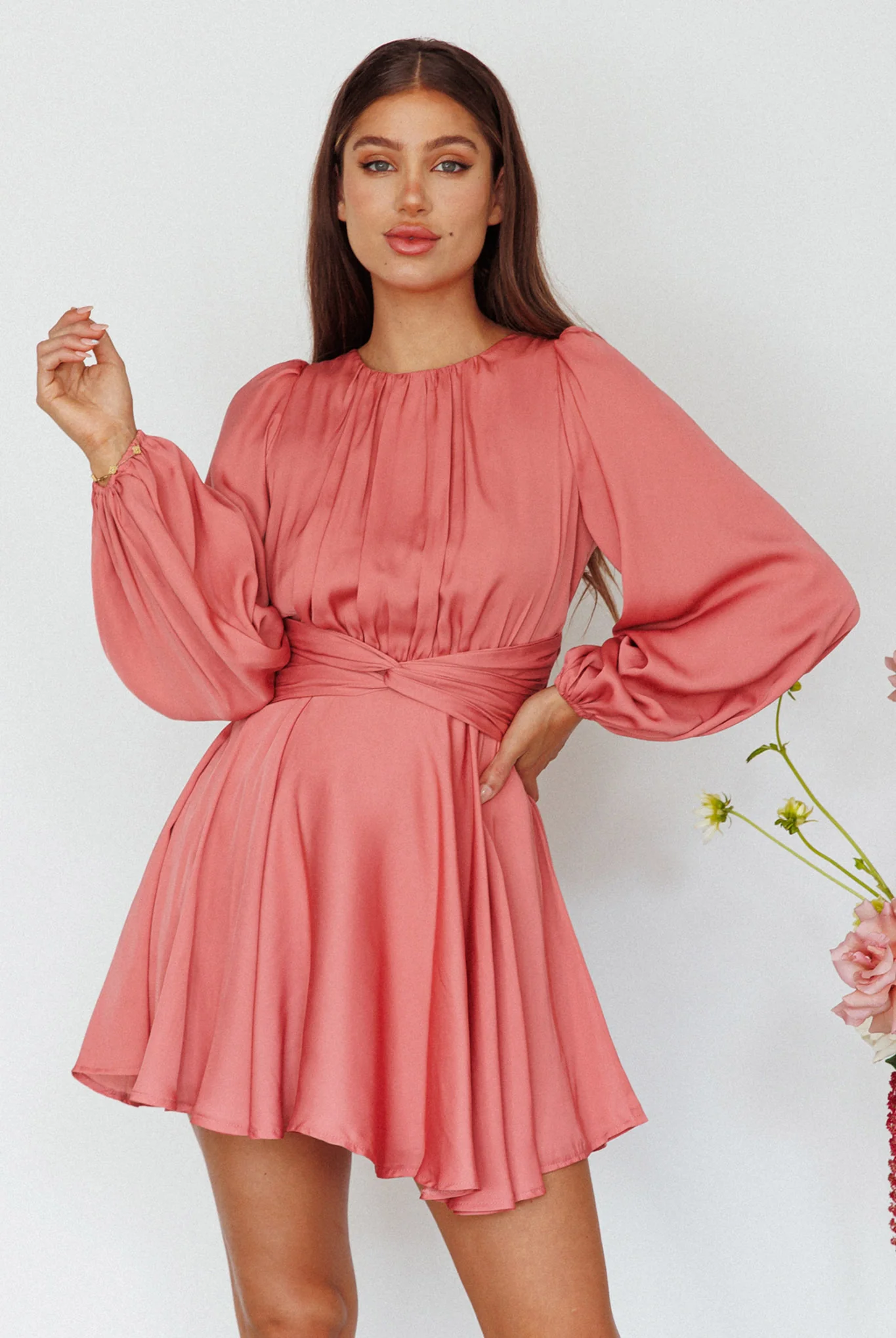Leia Long Sleeve Waist Tie Mini Dress Rose