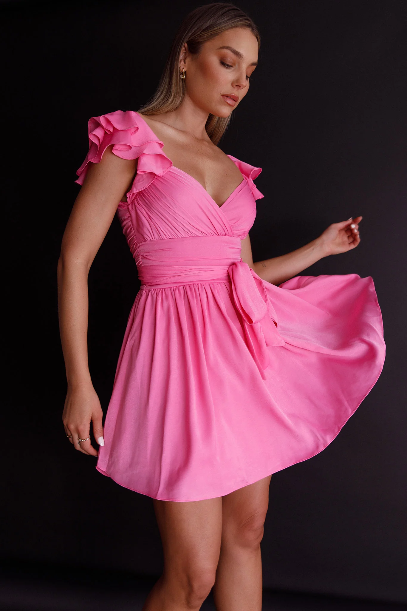 Lola Ruffle Shoulder Ruched Dress Hot Pink