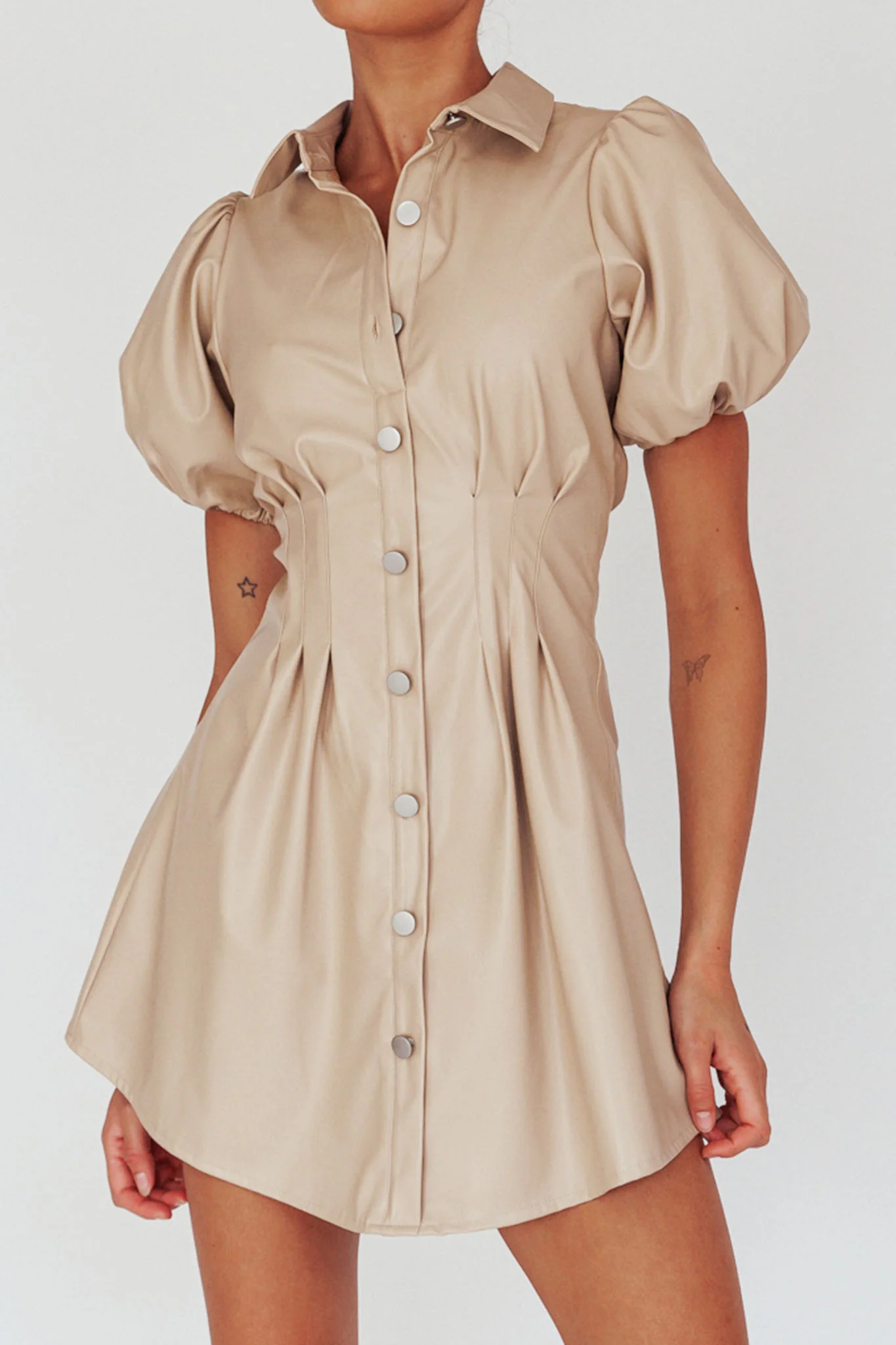 Zurich Pleated Waist Shirt Dress Faux Leather Nude