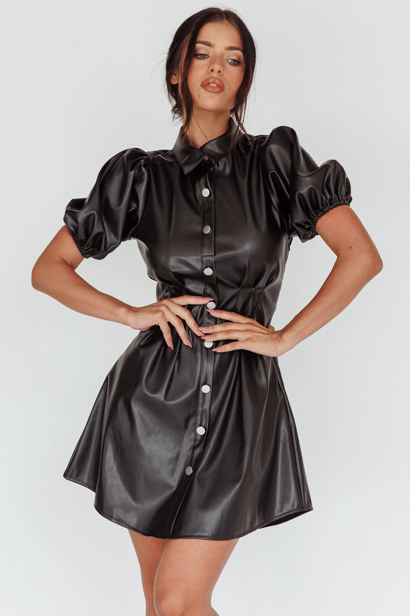 Zurich Pleated Waist Shirt Dress Faux Leather Black