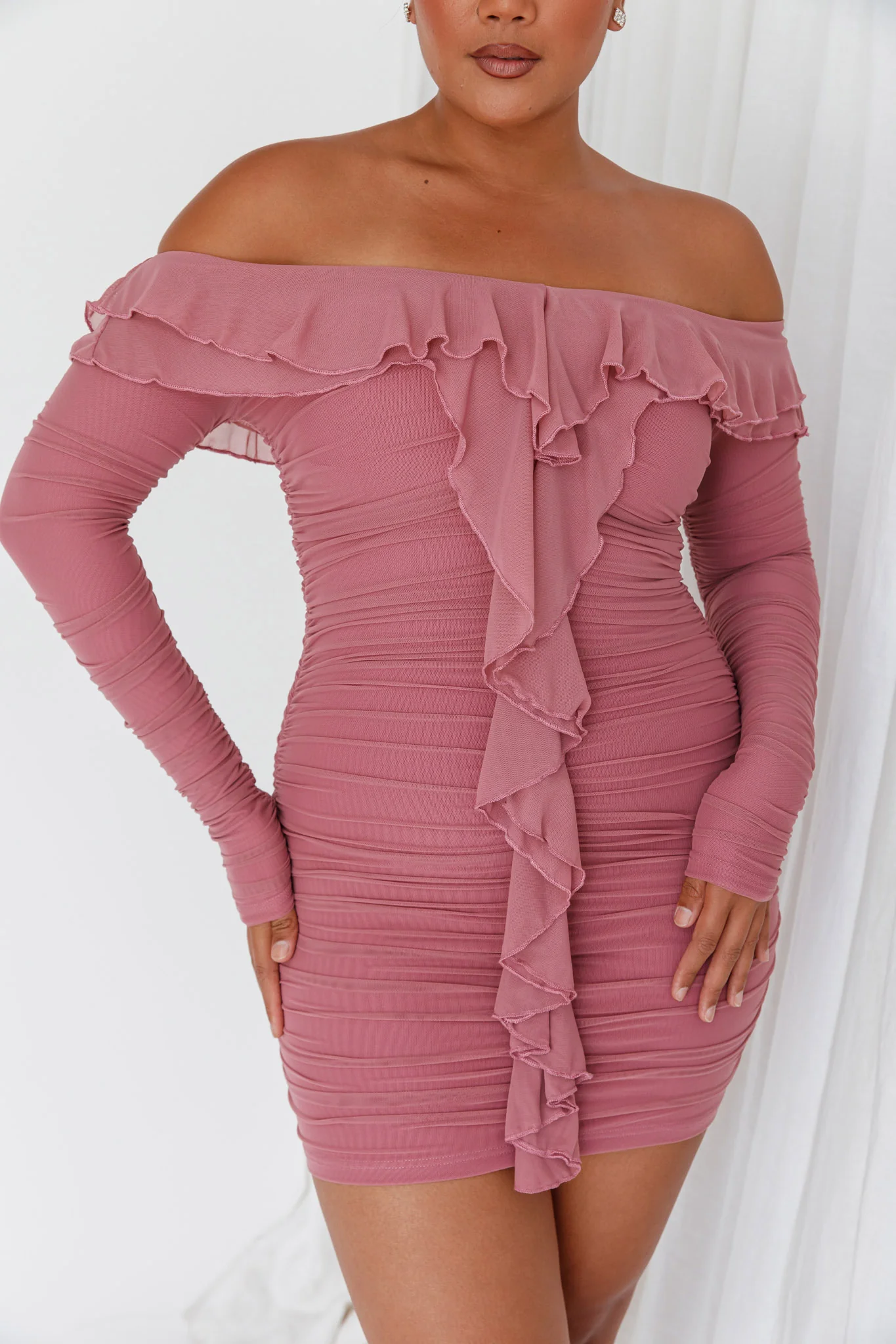 Confession Off-Shoulder Long Sleeve Mini Dress Mauve
