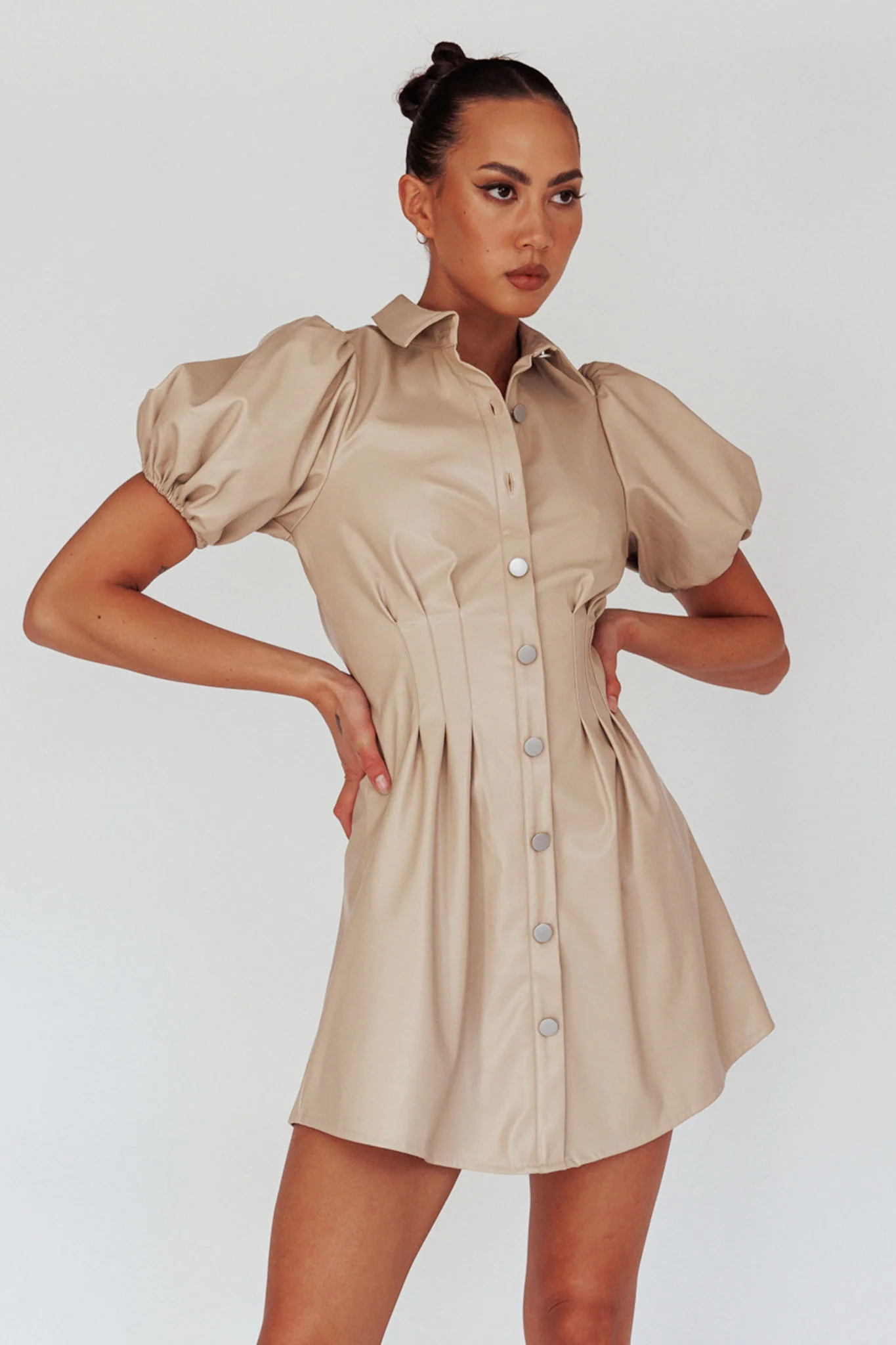 Zurich Pleated Waist Shirt Dress Faux Leather Nude