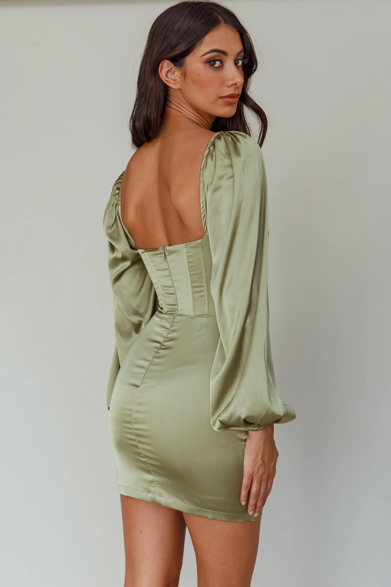 Au Revoir Long Sleeve Satin Mini Dress Sage