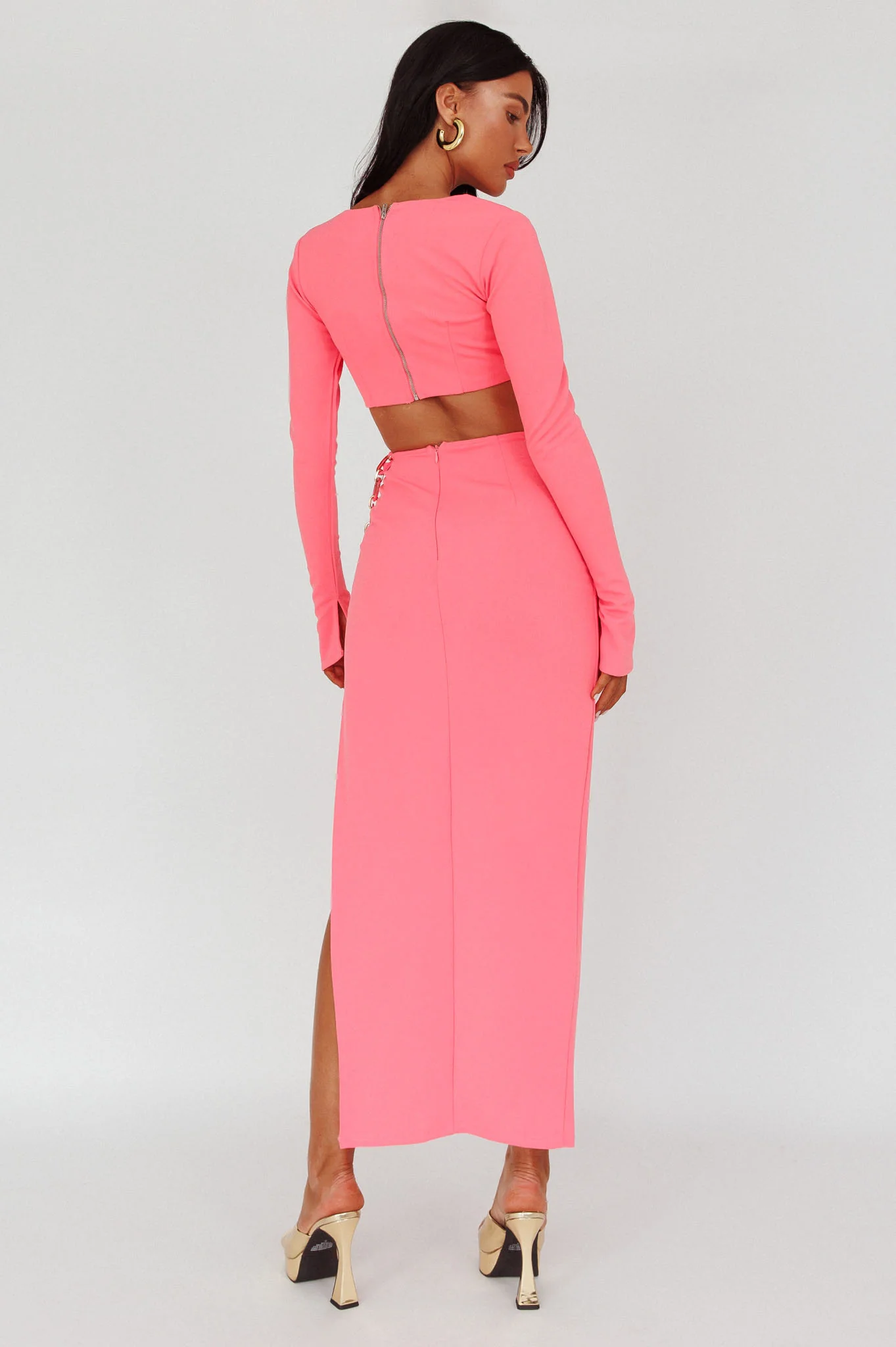 Sigournie Long Sleeve Chain Midi Dress Pink