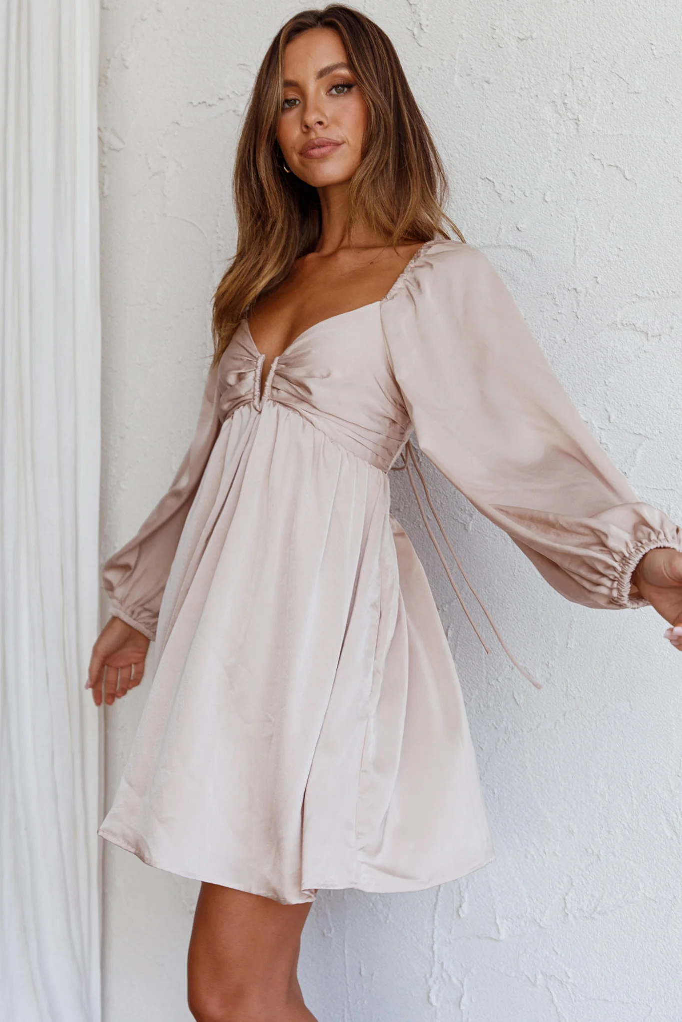 Tansy Long Sleeve Babydoll Dress Beige