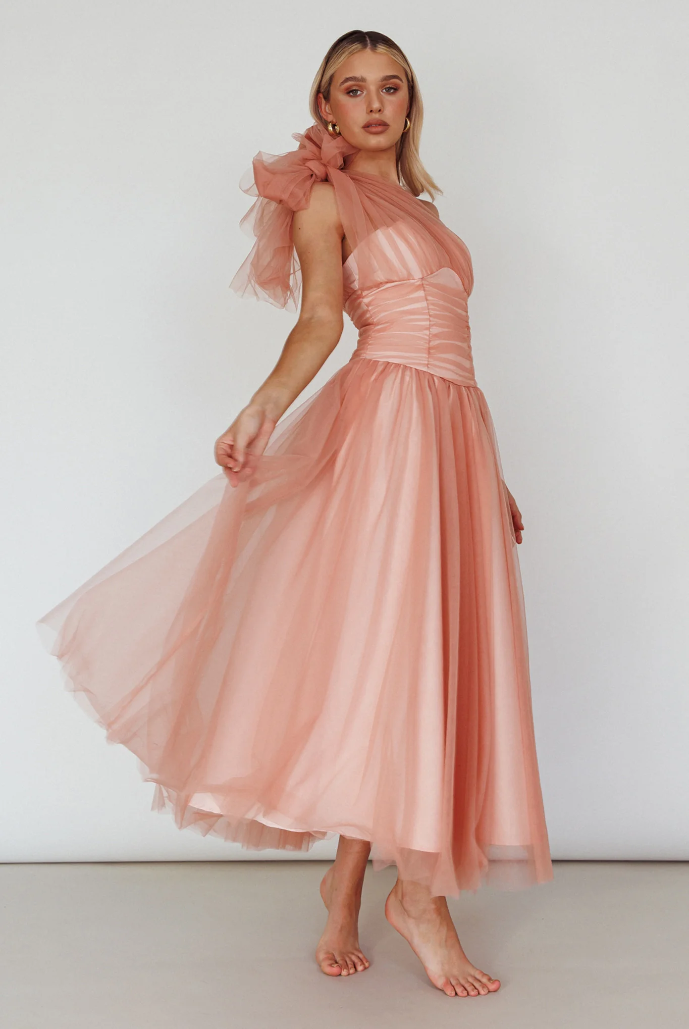 Let's Elope Bow Shoulder Midi Dress Lipstick