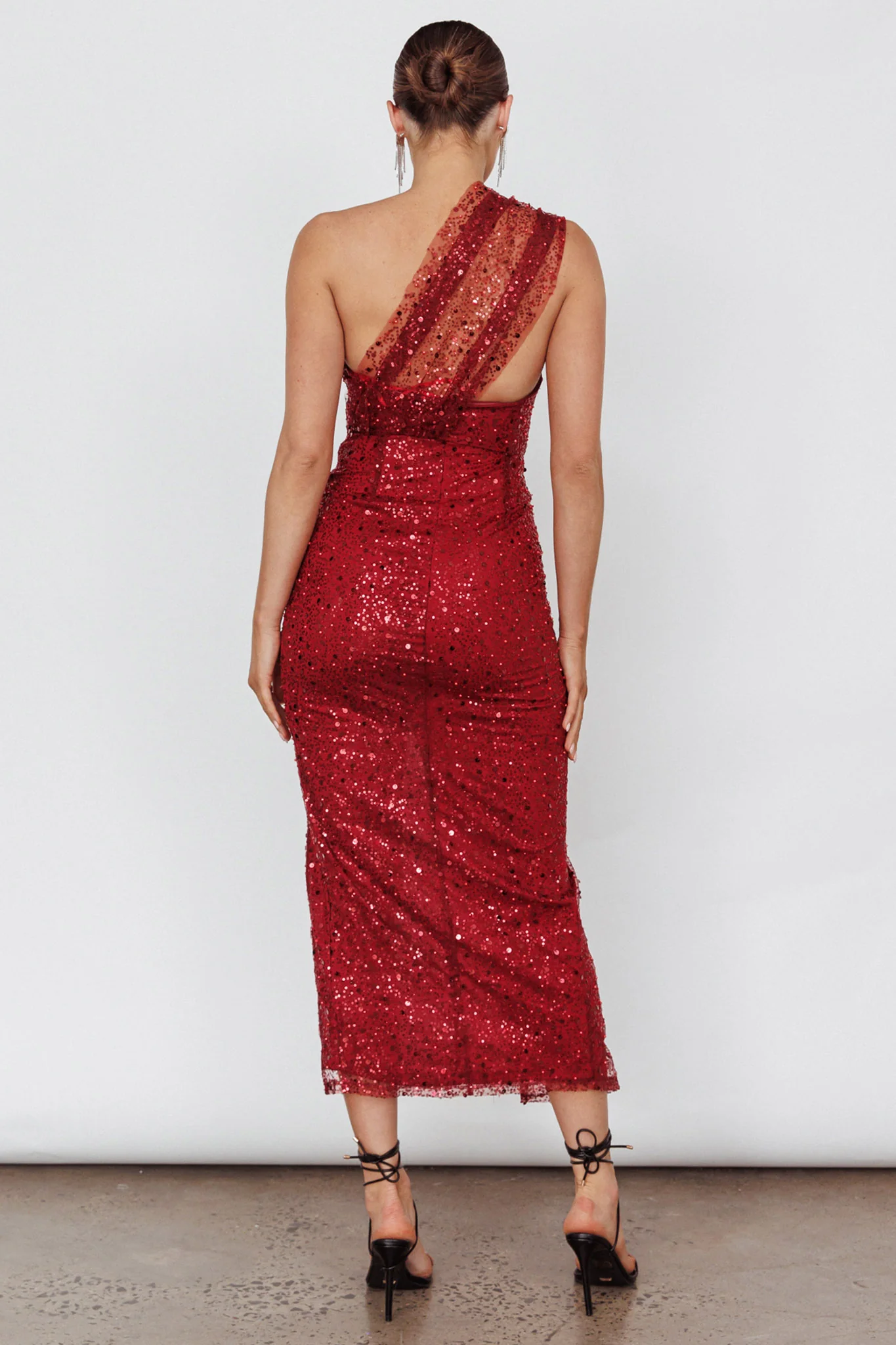 Doniella One-Shoulder Split Sequin Maxi Dress Wine