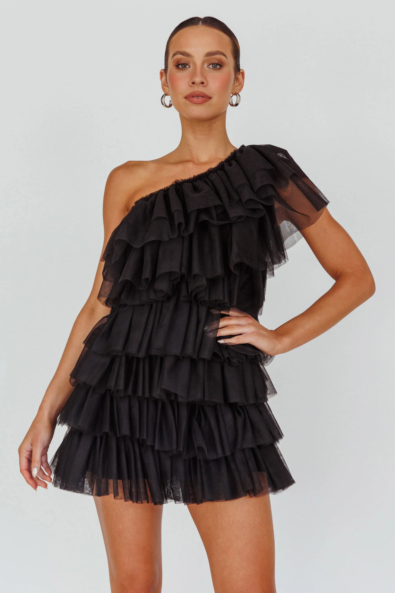 Tomi Layered Frill One-Shoulder Mini Dress Black