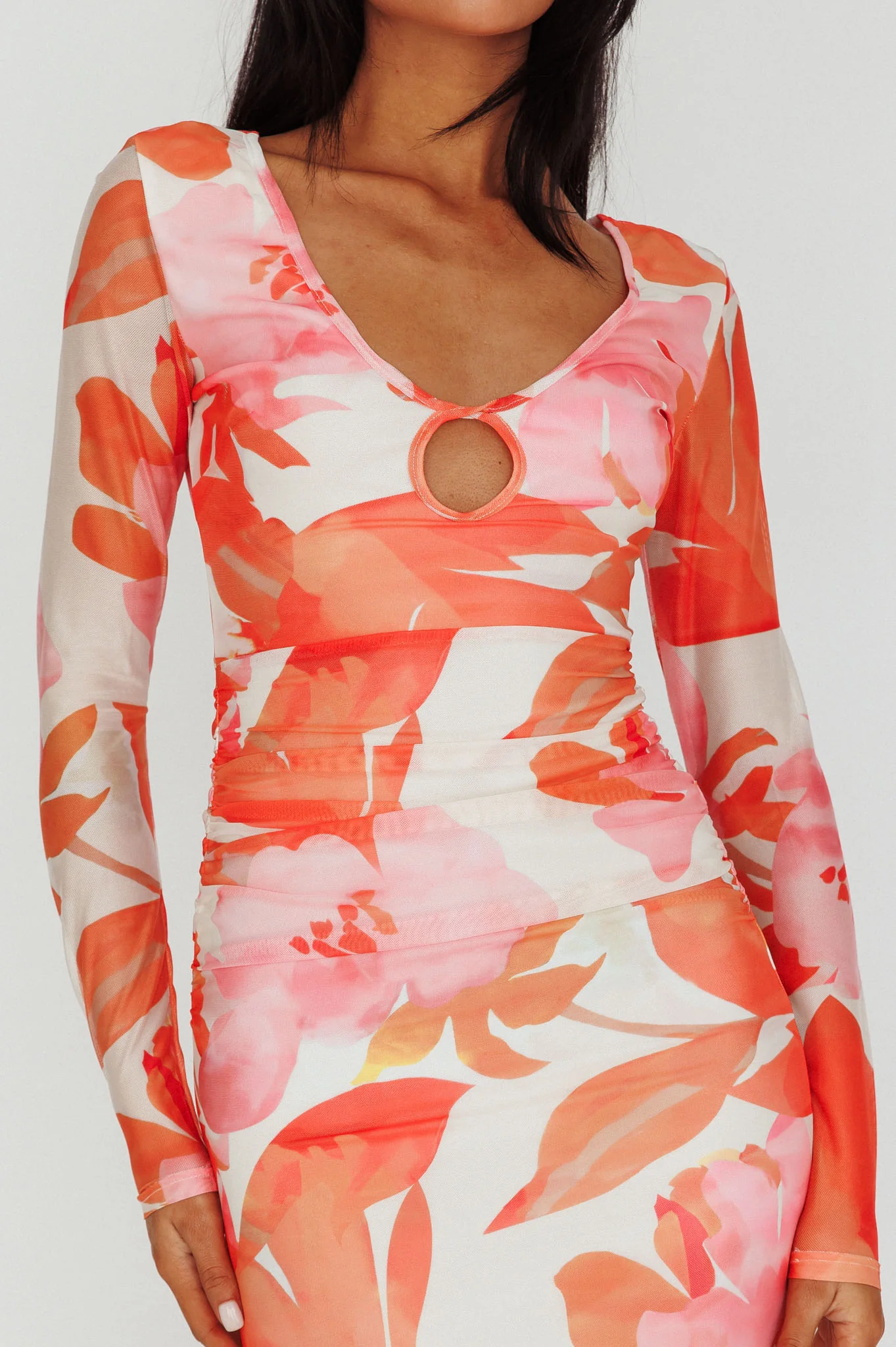 Chardae Long Sleeve Mesh Midi Dress Floral Pink