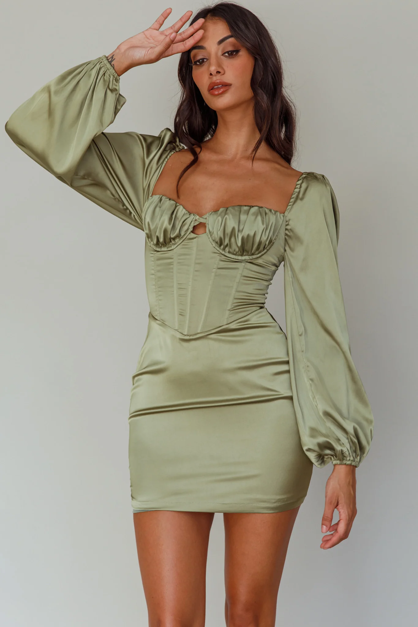 Au Revoir Long Sleeve Satin Mini Dress Sage
