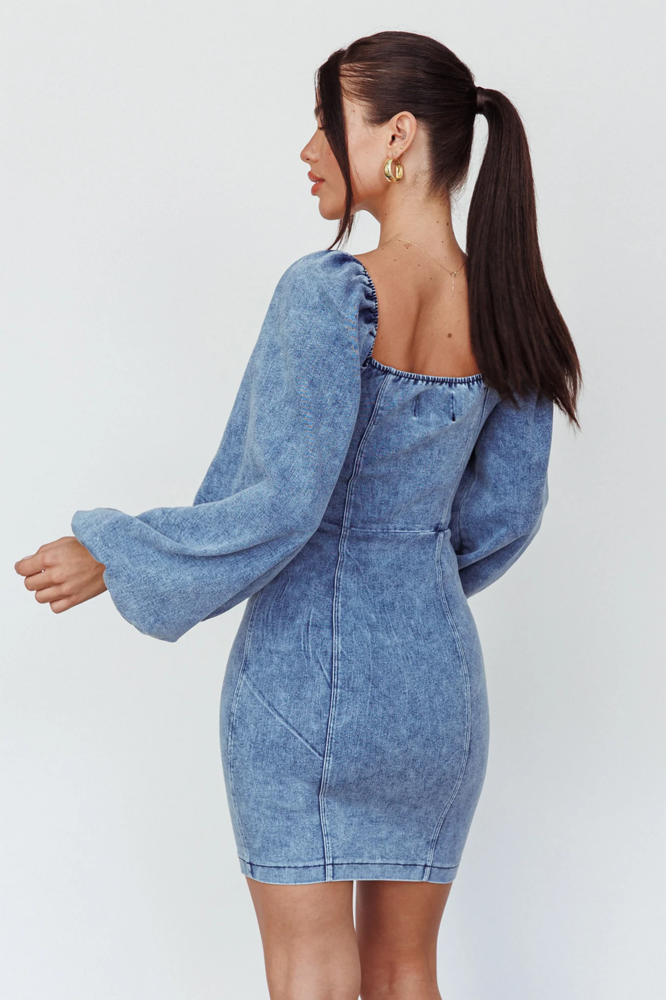 Tasmyn Balloon Sleeve Zipper Mini Dress Denim