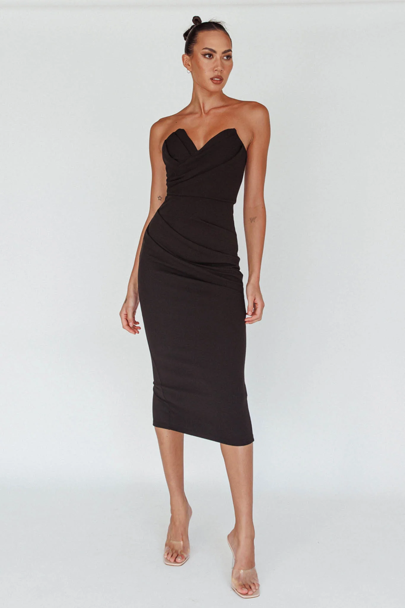 Yours Alone Gathered Detail Midi Dress Black