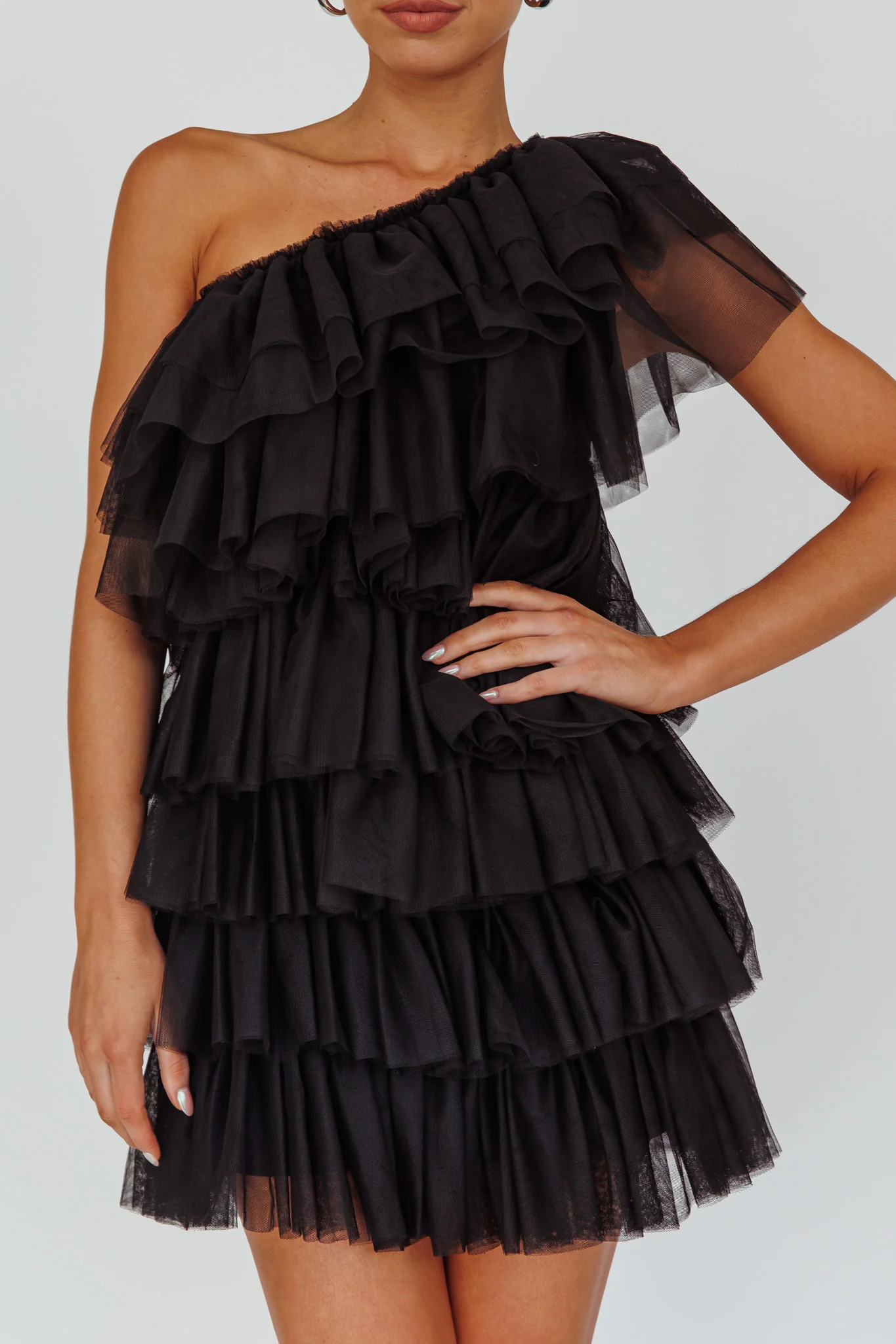 Tomi Layered Frill One-Shoulder Mini Dress Black