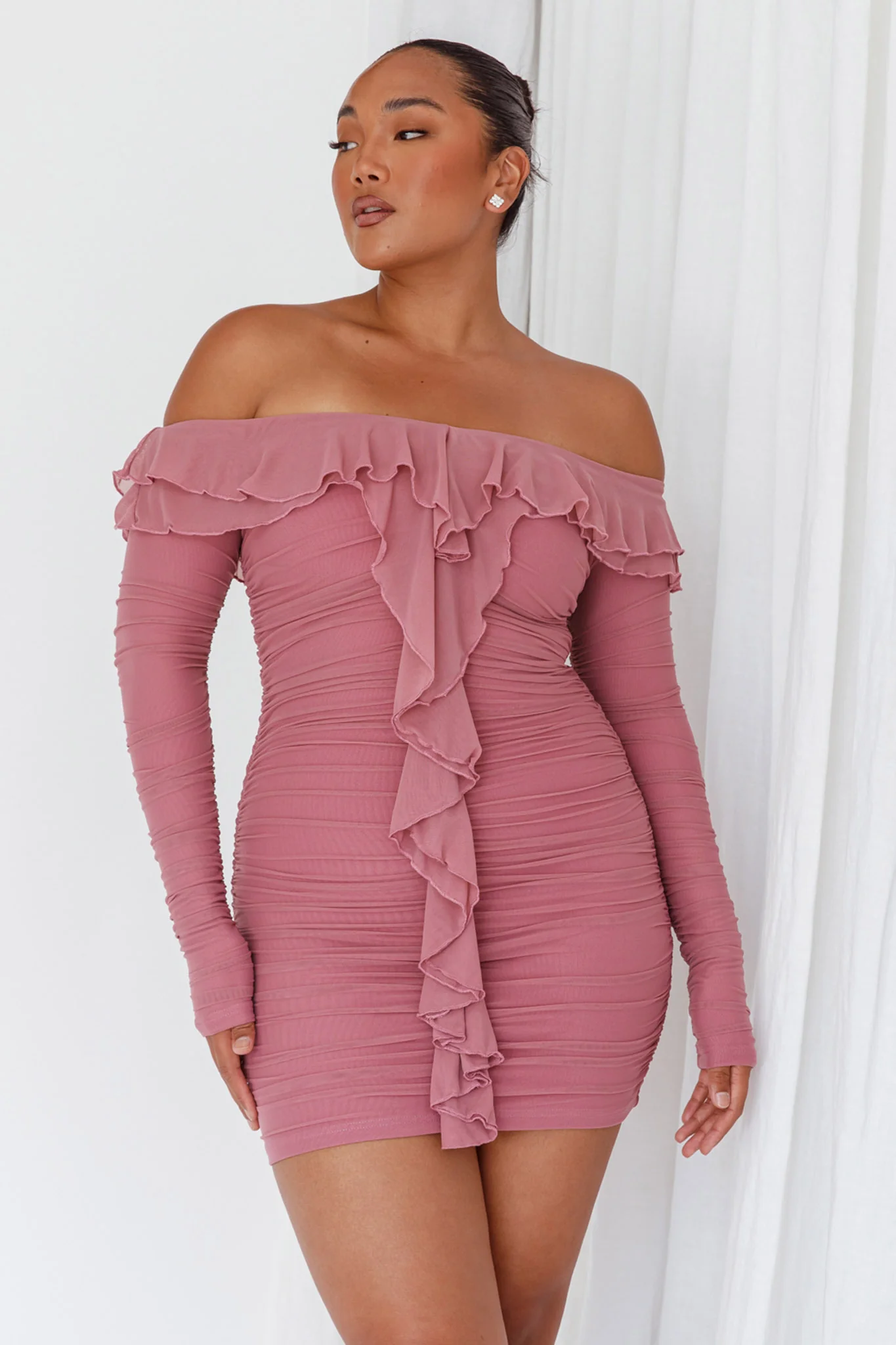 Confession Off-Shoulder Long Sleeve Mini Dress Mauve