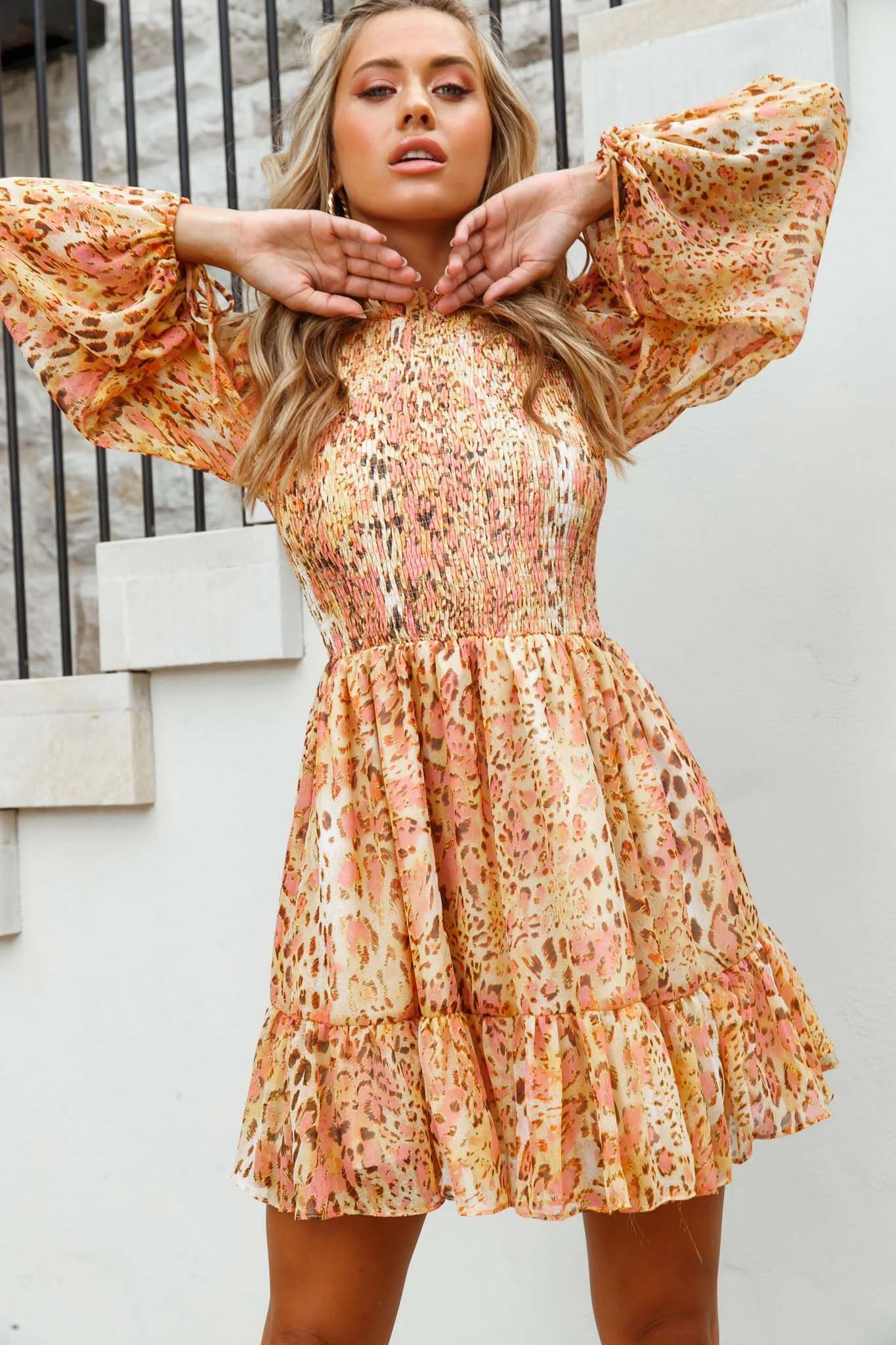 Marja Cami Strap Shirred Baby Doll Dress Leopard Print Pink