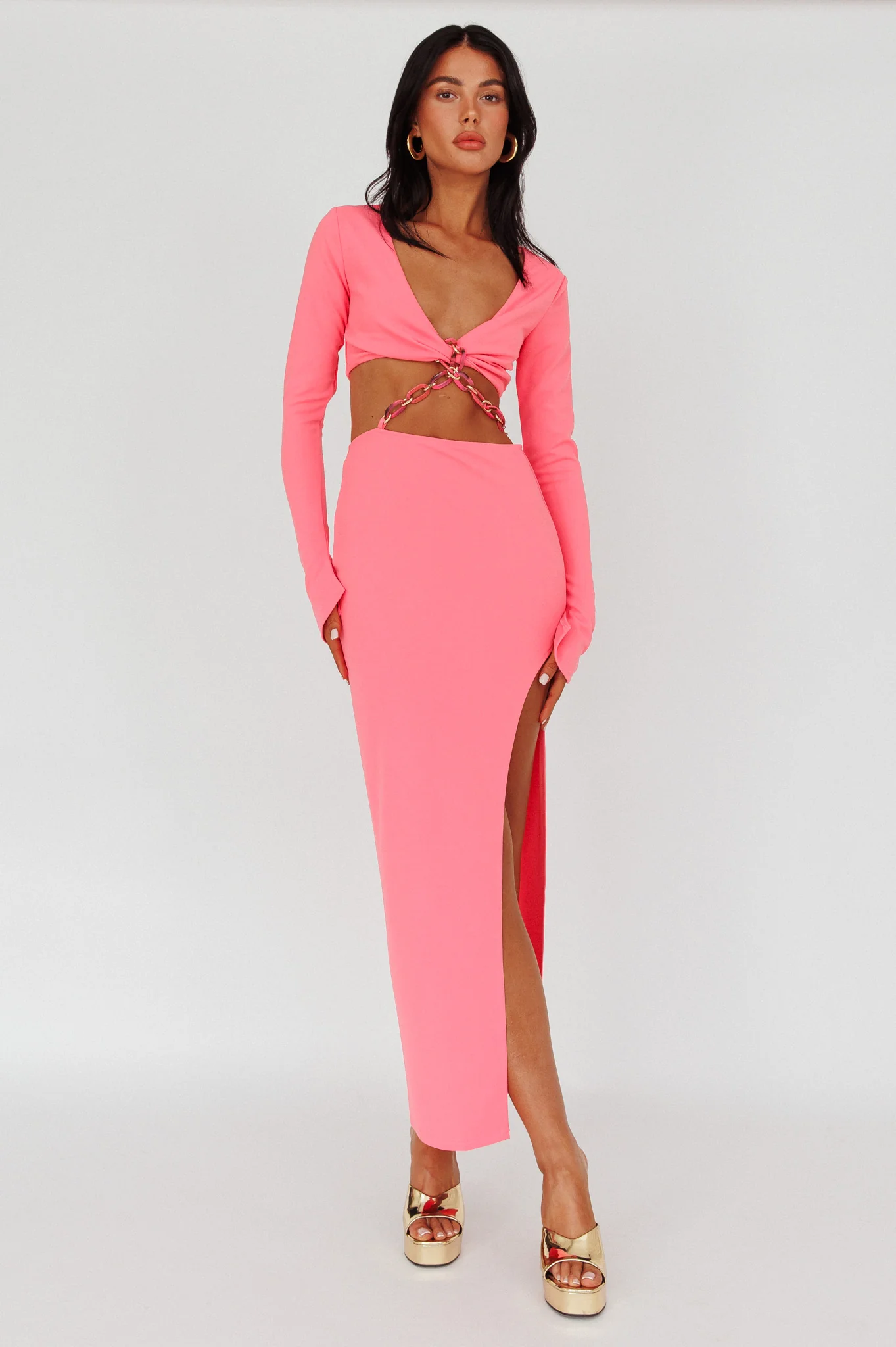 Sigournie Long Sleeve Chain Midi Dress Pink