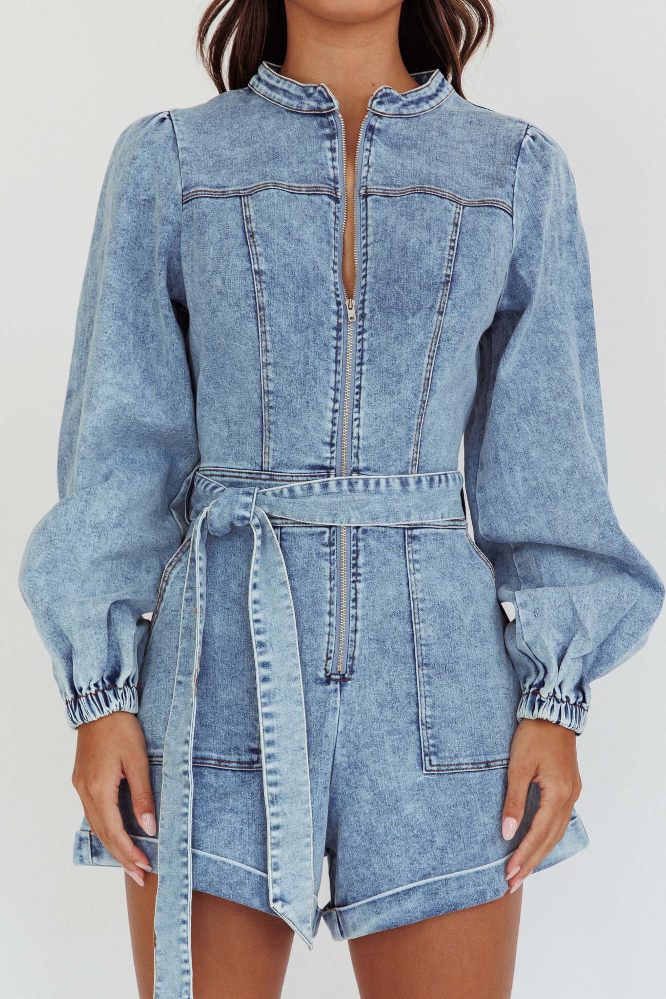 Real World Zip Front Romper Denim Blue