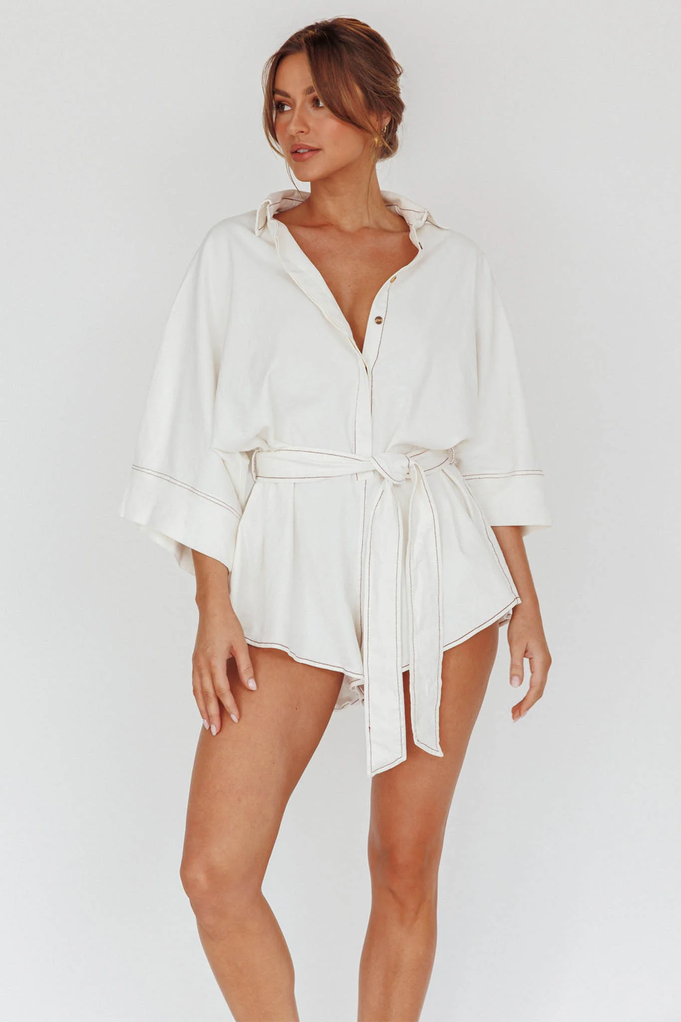 Daytona Beach Long Sleeve Shirt Romper White