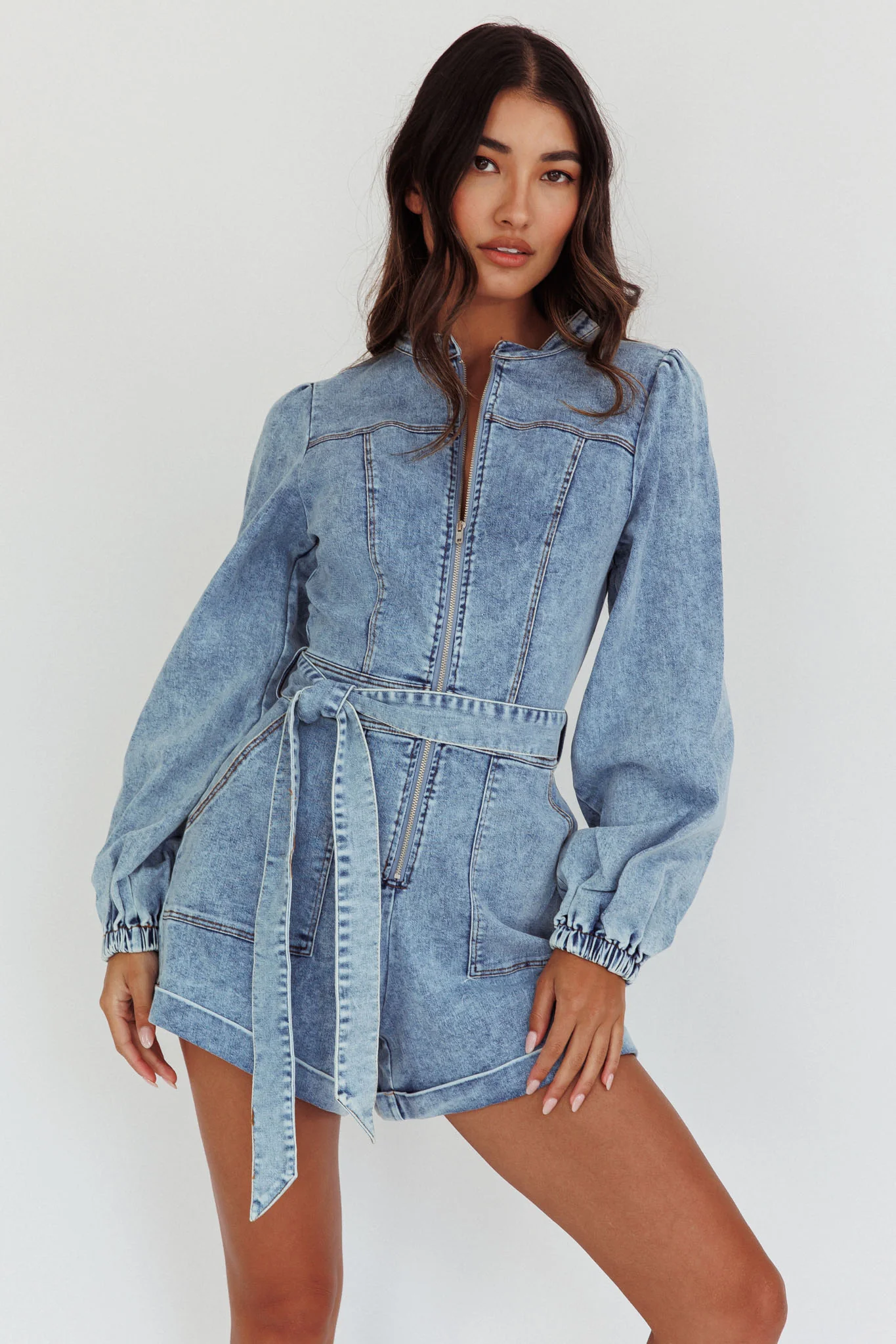 Real World Zip Front Romper Denim Blue