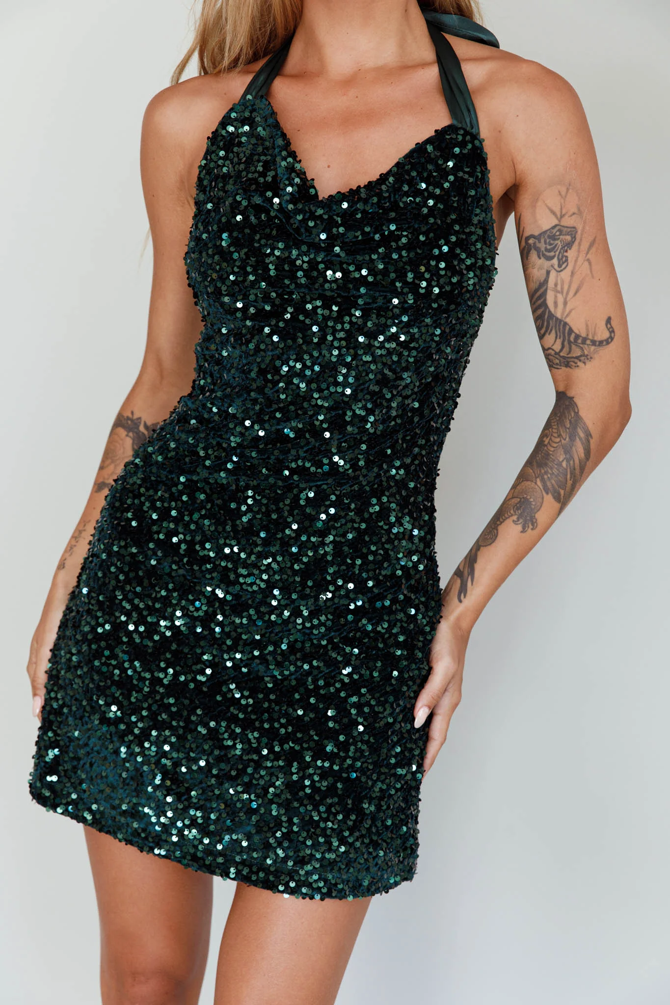 Star Lights Halterneck Mini Dress Sequin Emerald