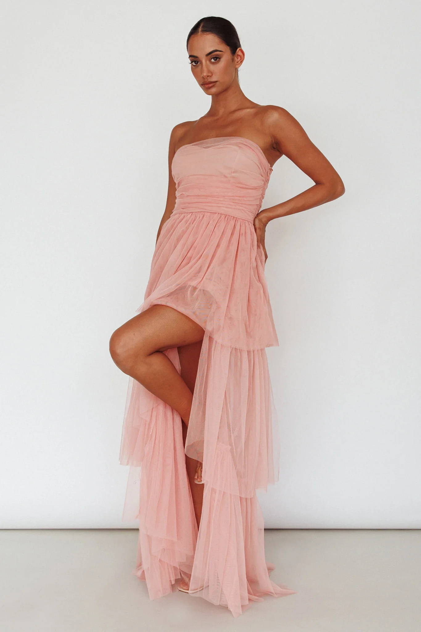 Haeven Tiered Strapless Maxi Dress Blush