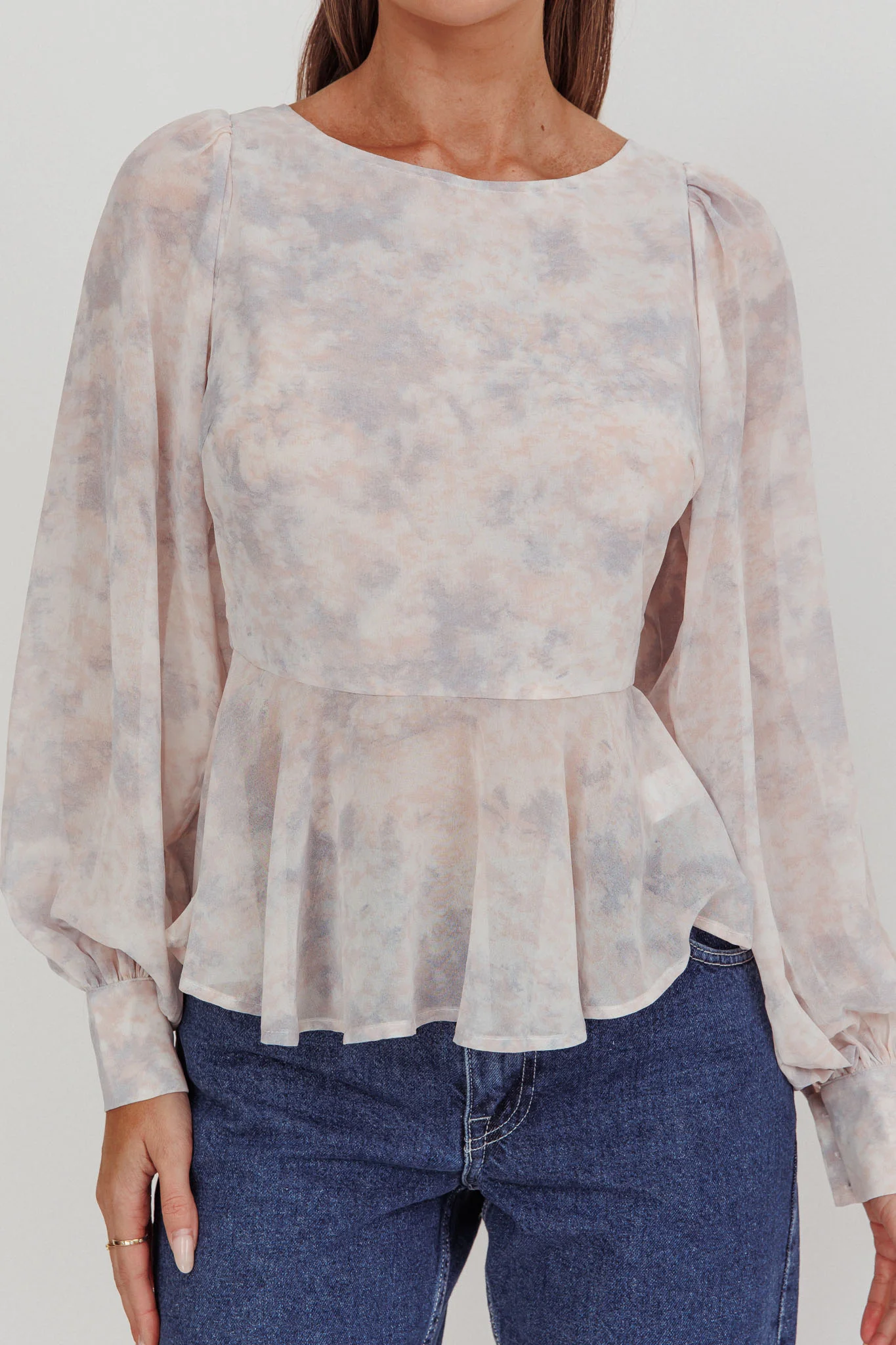 Helix Balloon Sleeves Peplum Top Dusty Blue/Peach