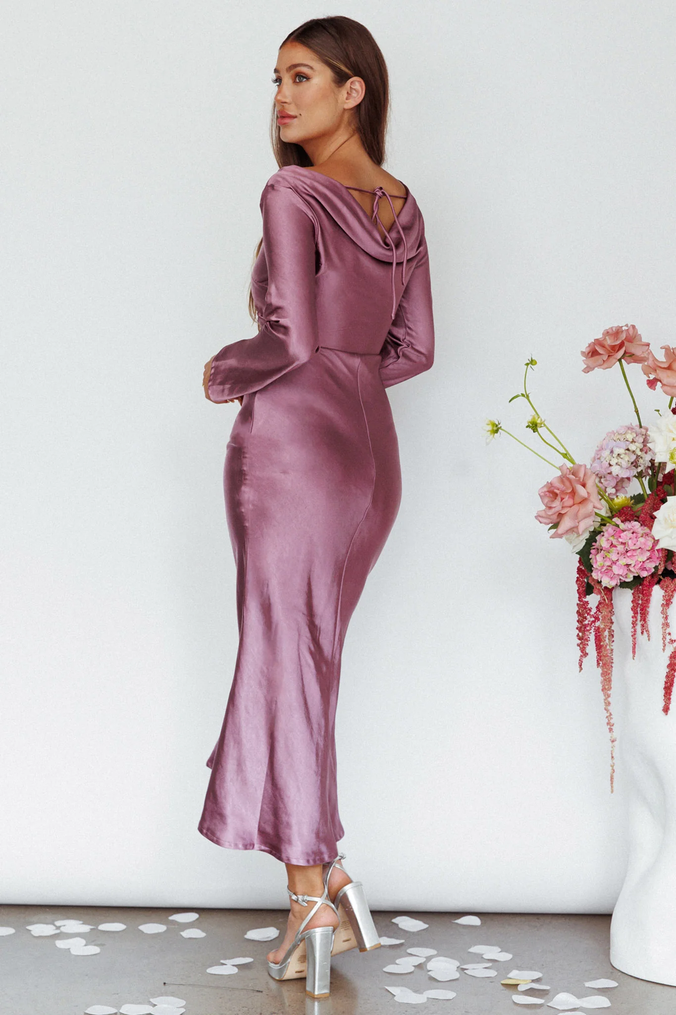 Loveland Cowl Back Midi Dress Grape