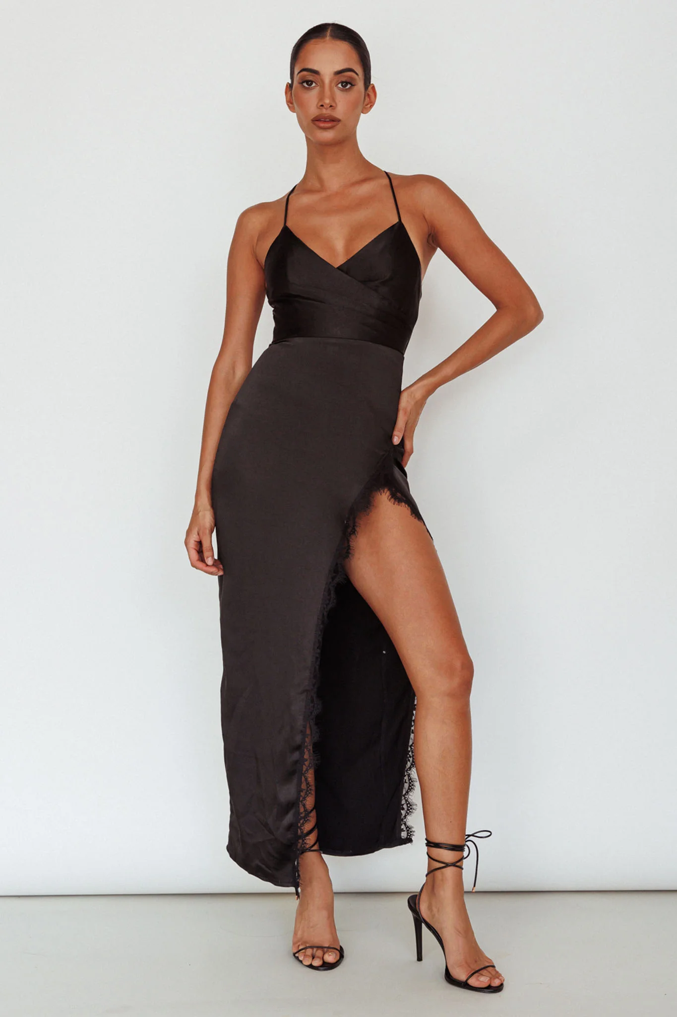 Winter Moon Lace Trim Midi Dress Black