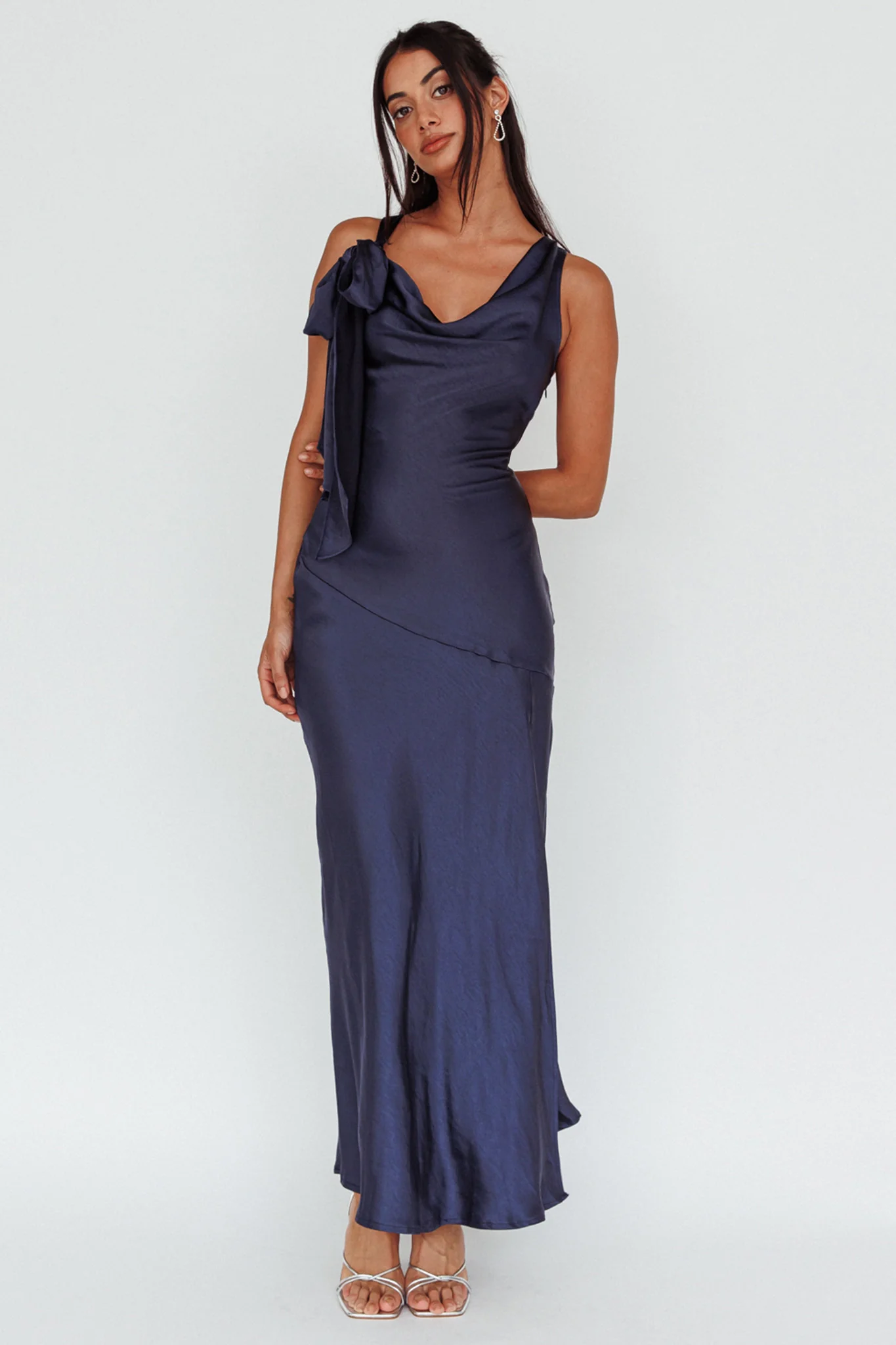 Averie Bow Shoulder Split Midi Dress Navy