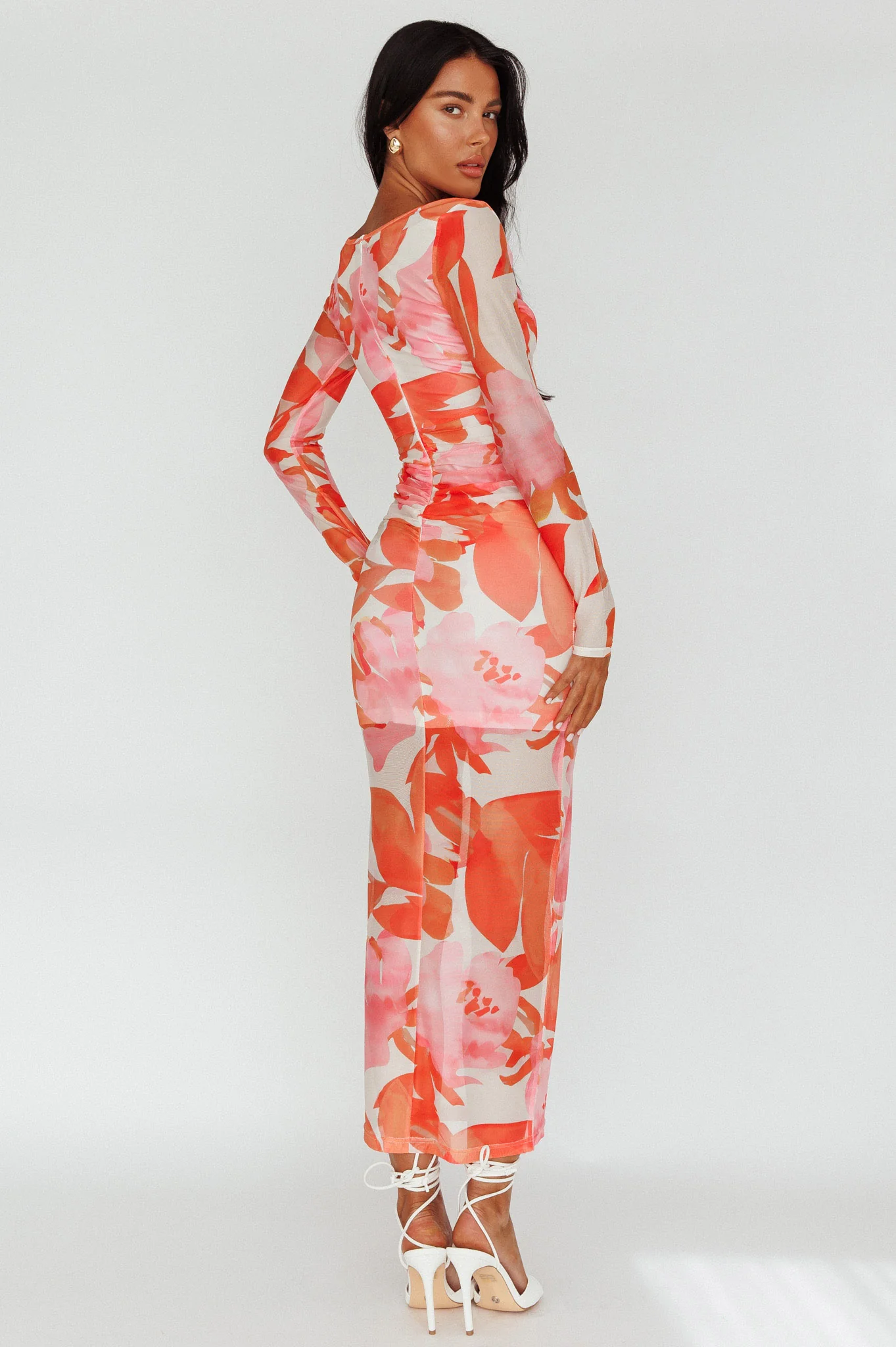 Chardae Long Sleeve Mesh Midi Dress Floral Pink