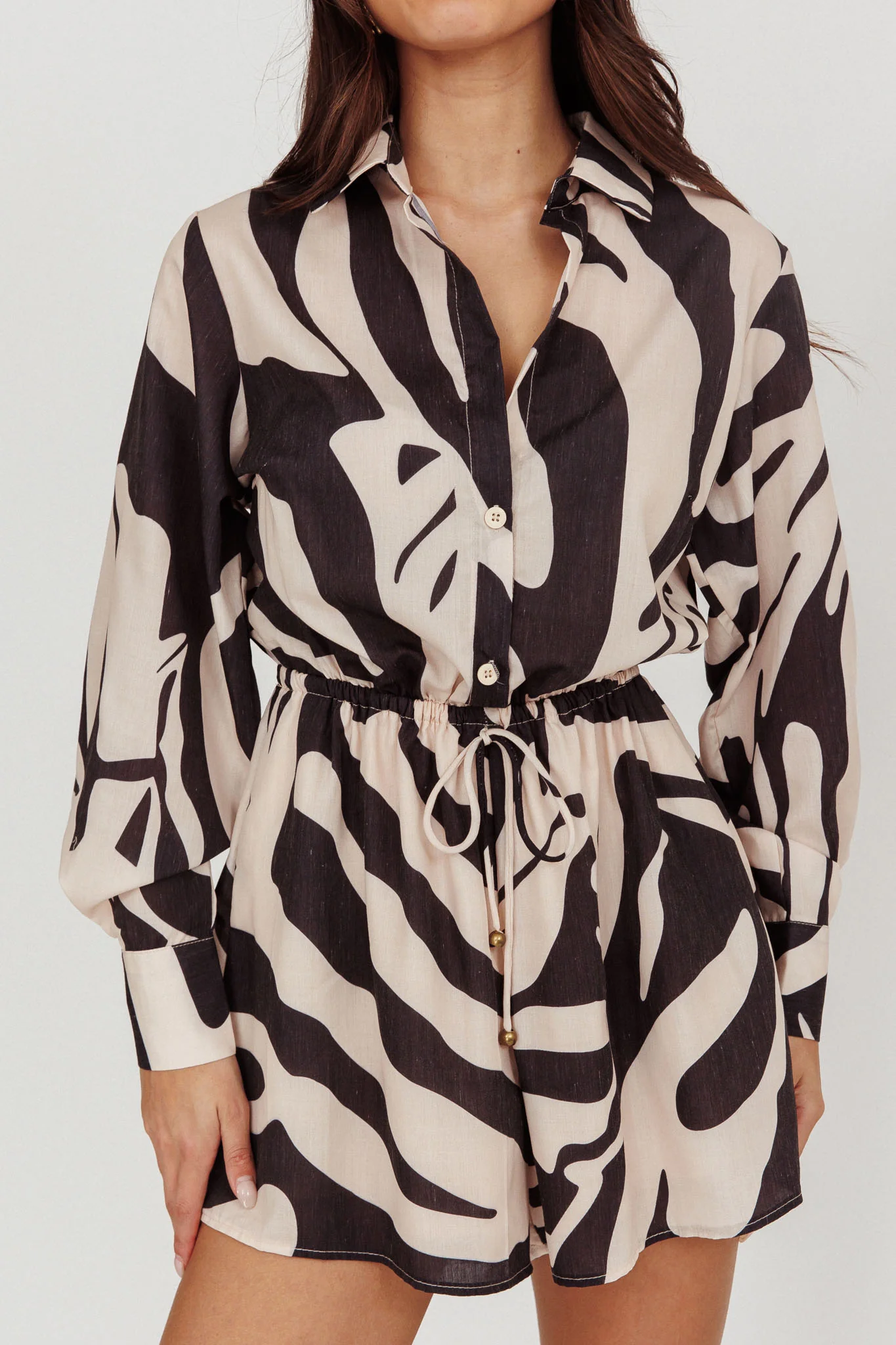 Tiki Long Sleeve Romper Print Beige