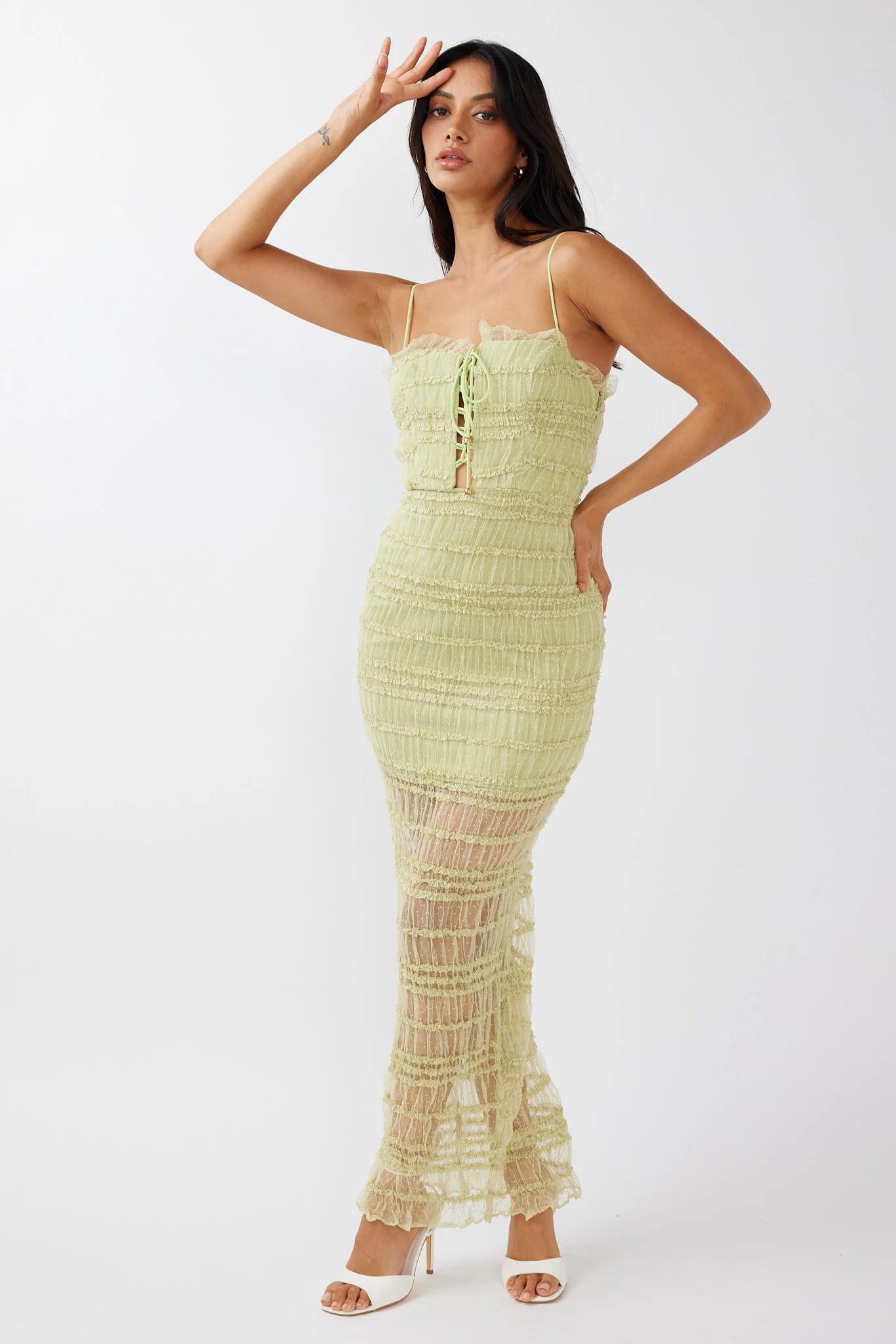 Wander & Roam Frill Trim Lace Dress Matcha
